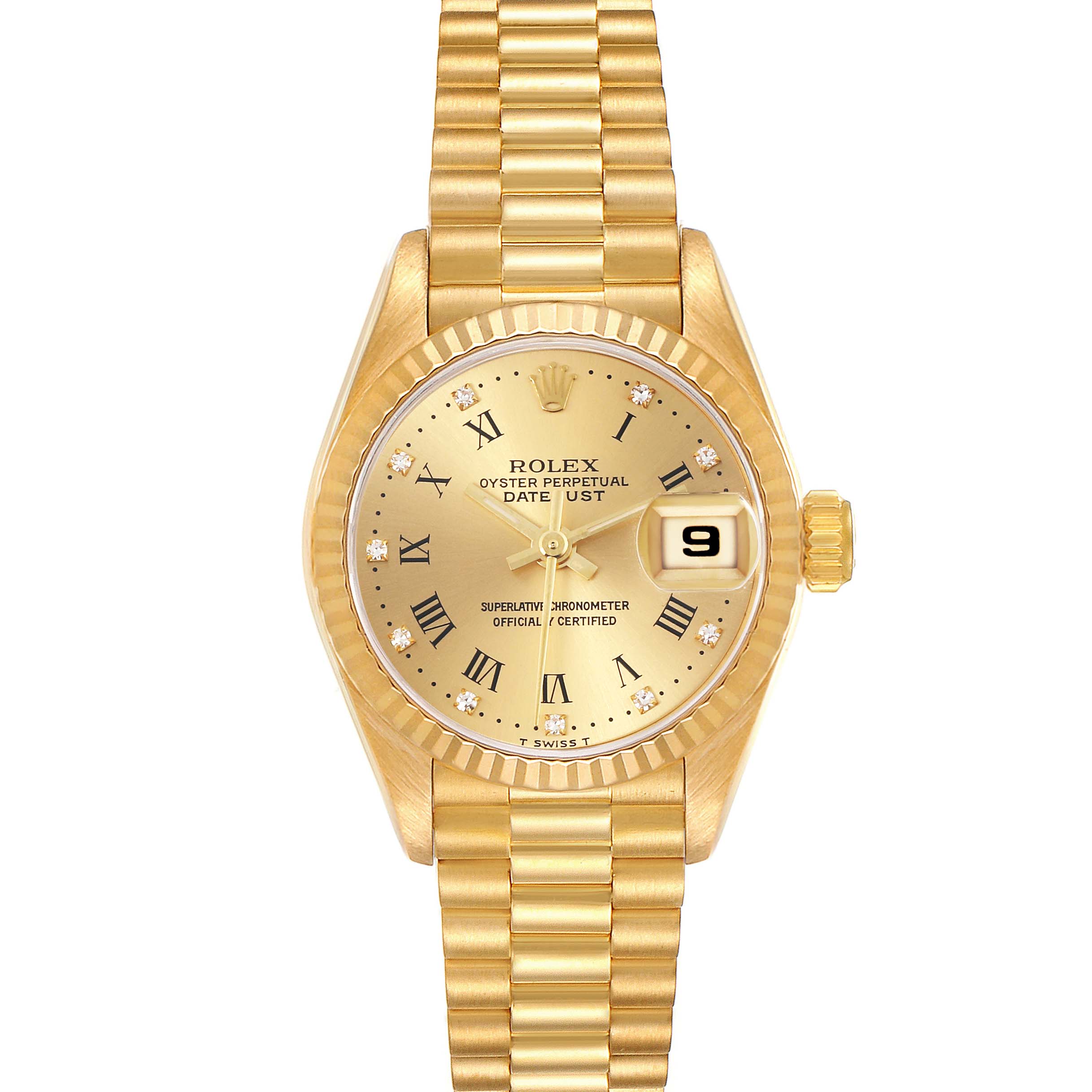 The Rolex President 69178 Women's Yellow Gold Champagne Dial 69178 Women's Yellow Gold Champagne Dial model watch is shown from a top view, highlighting the gold dial, diamond hour markers, fluted bezel, and bracelet.