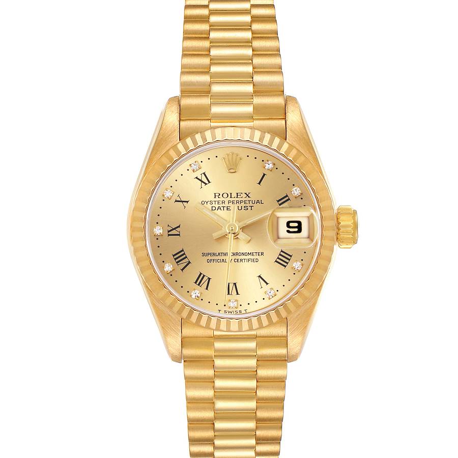The Rolex President model watch is shown from a top view, highlighting the gold dial, diamond hour markers, fluted bezel, and bracelet.