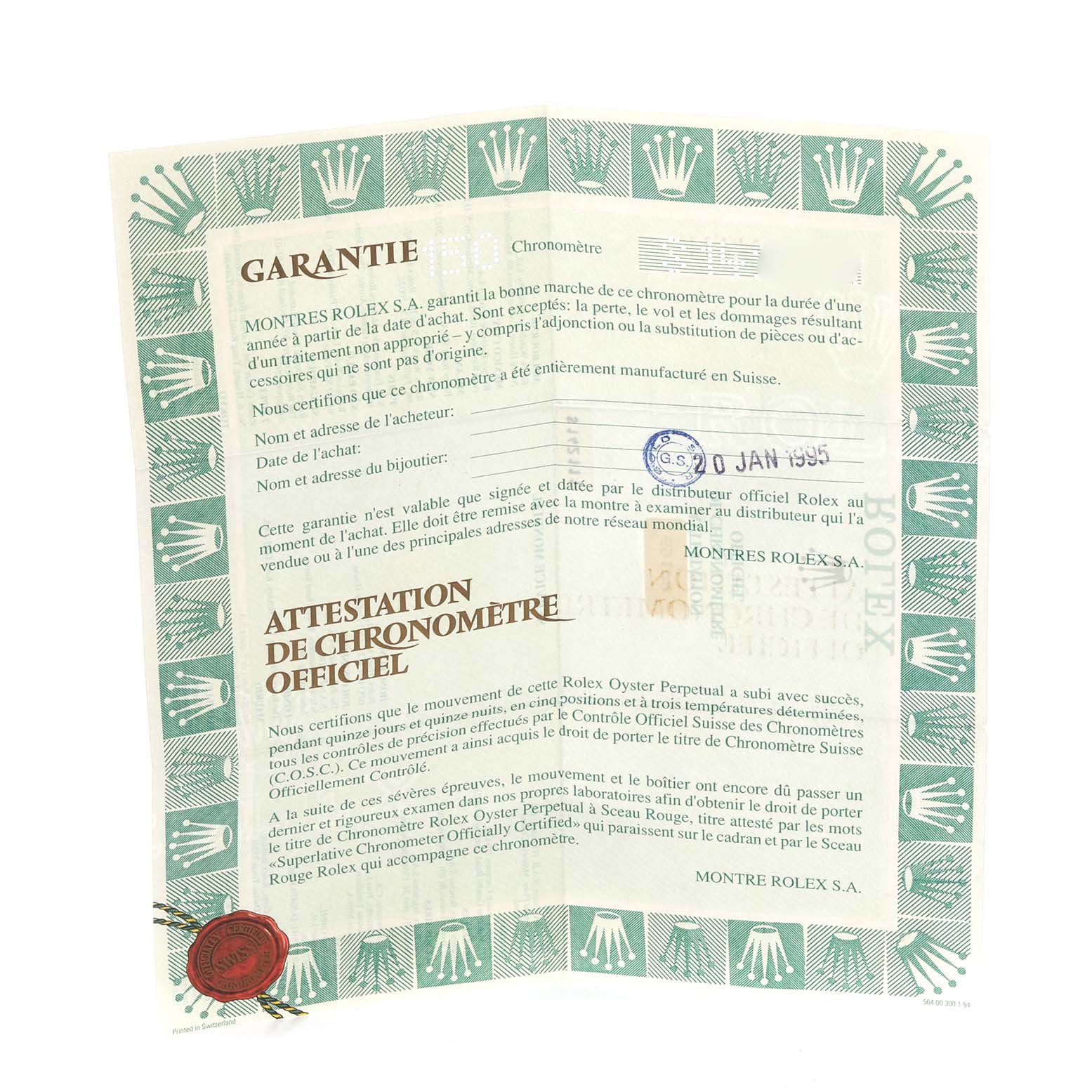 The image shows a warranty certificate for the Rolex President 69178 Women's Yellow Gold Champagne Dial 69178 Women's Yellow Gold Champagne Dial model, featuring text and the Rolex logo.