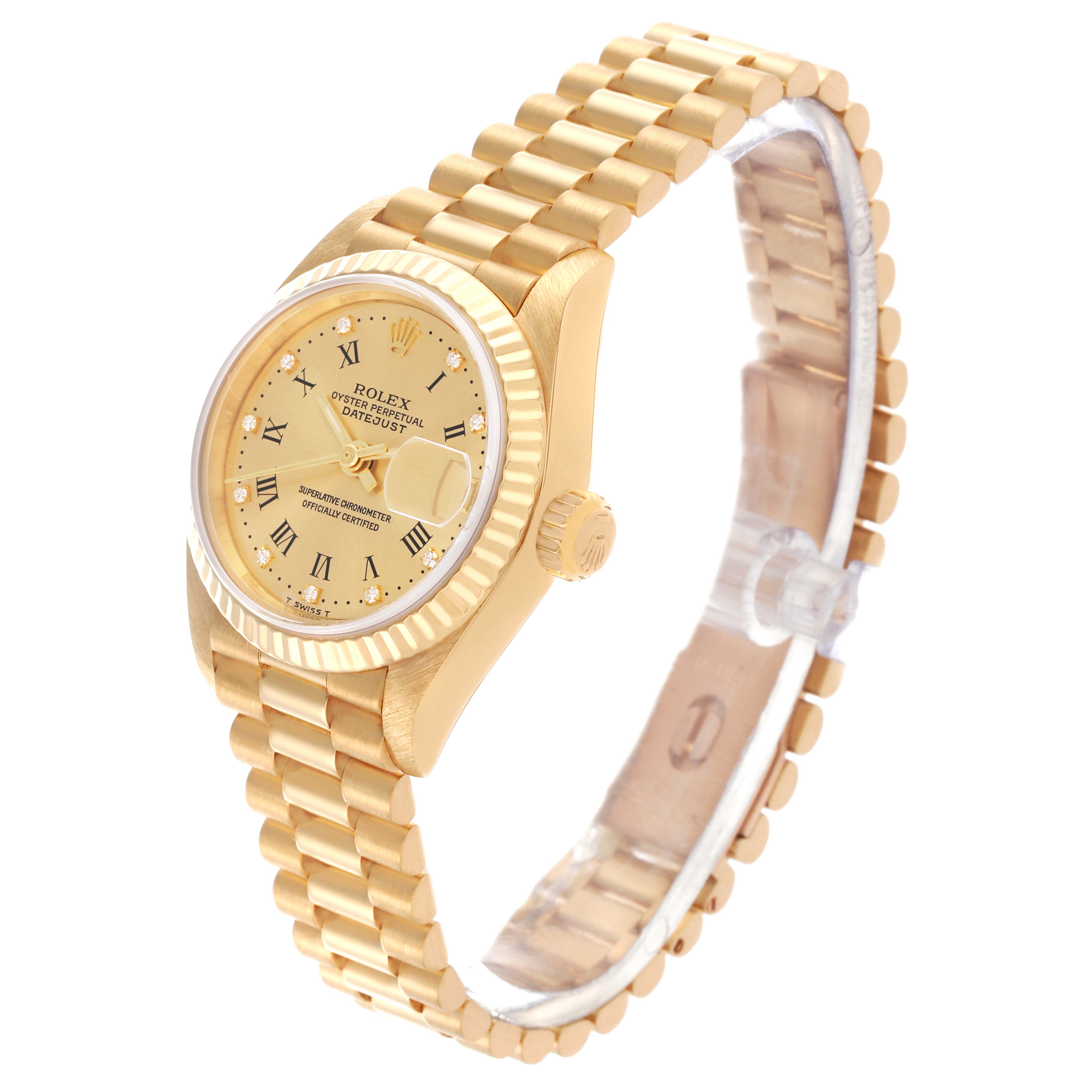 The Rolex President 69178 Women's Yellow Gold Champagne Dial 69178 Women's Yellow Gold Champagne Dial watch is shown from a three-quarter angle, highlighting the dial, bezel, crown, and bracelet.