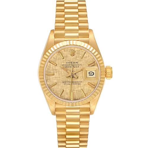 The Rolex President model is shown from a front angle, displaying the watch face, bracelet, and crown.