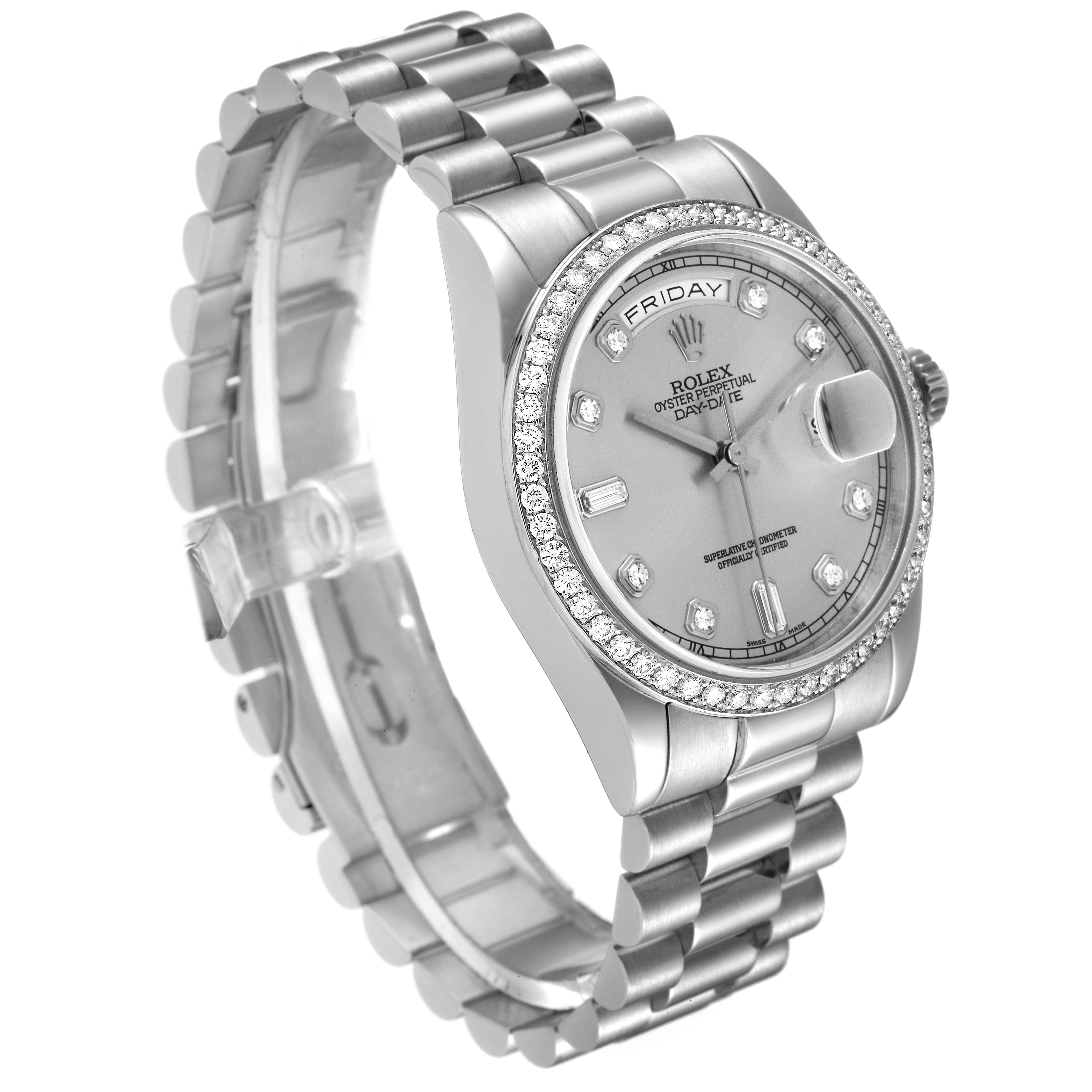 The image shows a Rolex President 118346 Men's Platinum Silver Dial 118346 Men's Platinum Silver Dial model watch at a slight angle, highlighting the dial, bezel, and full bracelet.
