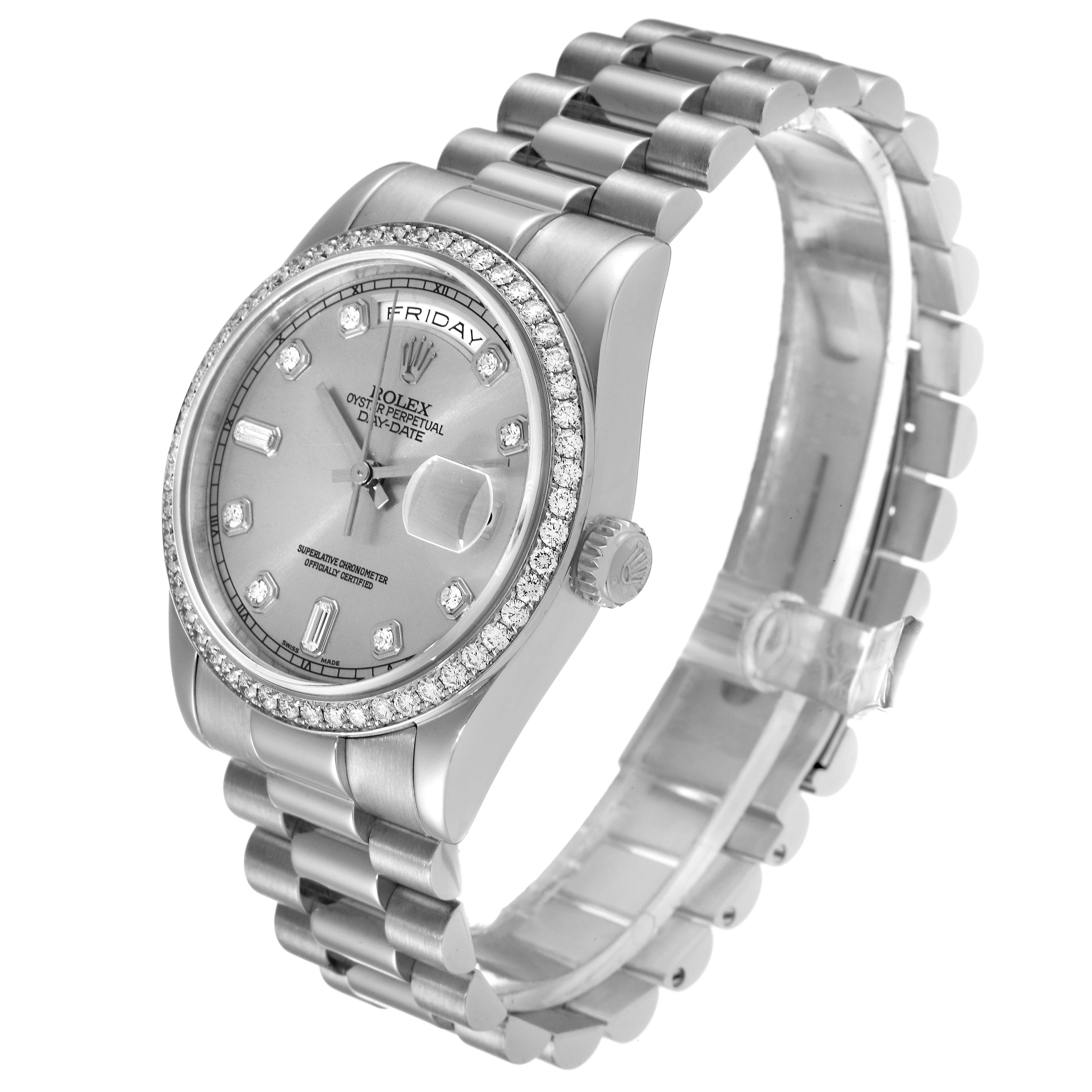 This image shows a Rolex President 118346 Men's Platinum Silver Dial 118346 Men's Platinum Silver Dial model watch at a three-quarter view, highlighting its face, bezel, bracelet, and crown.