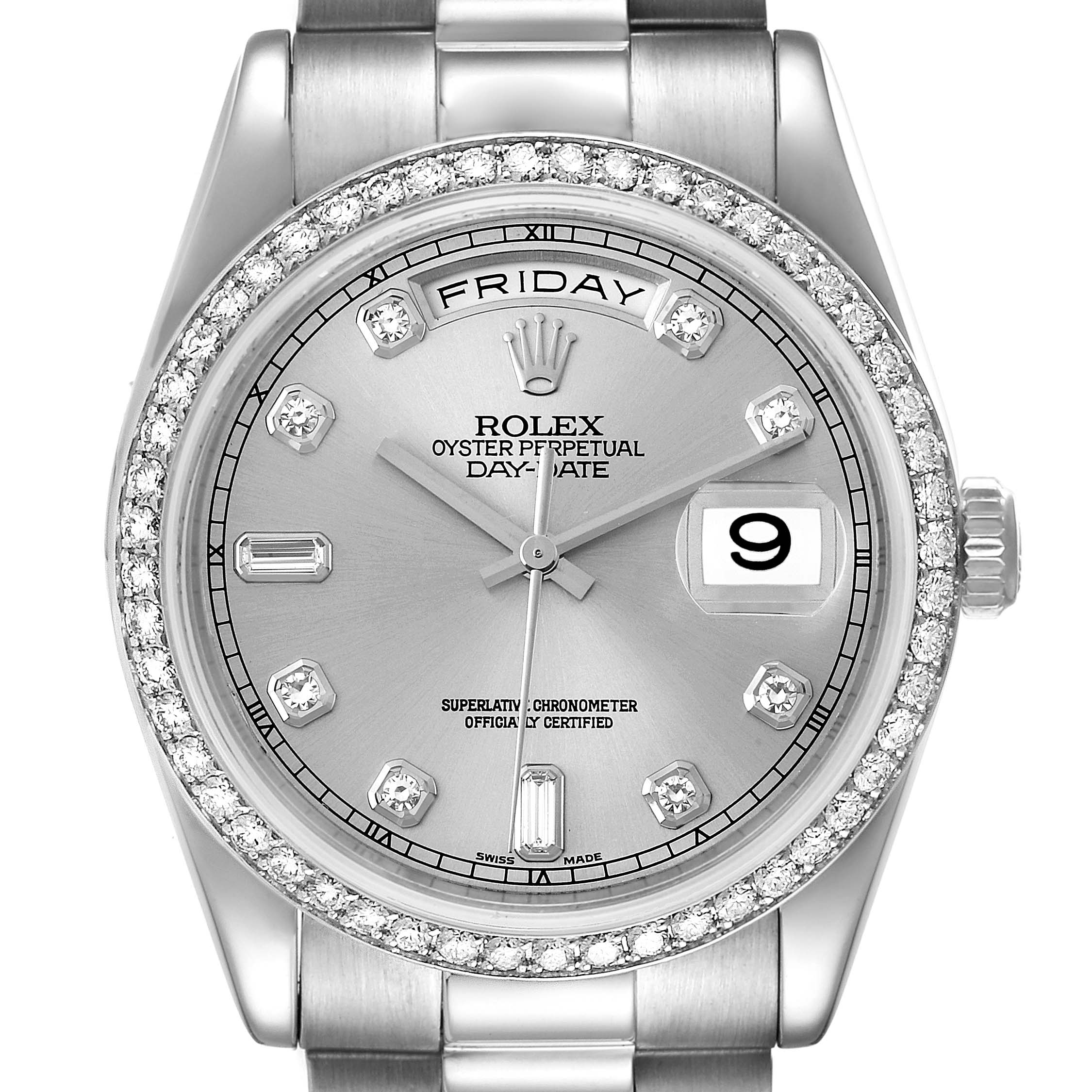 This image shows a front angle of a Rolex President 118346 Men's Platinum Silver Dial 118346 Men's Platinum Silver Dial Day-Date watch with a diamond bezel and silver dial.