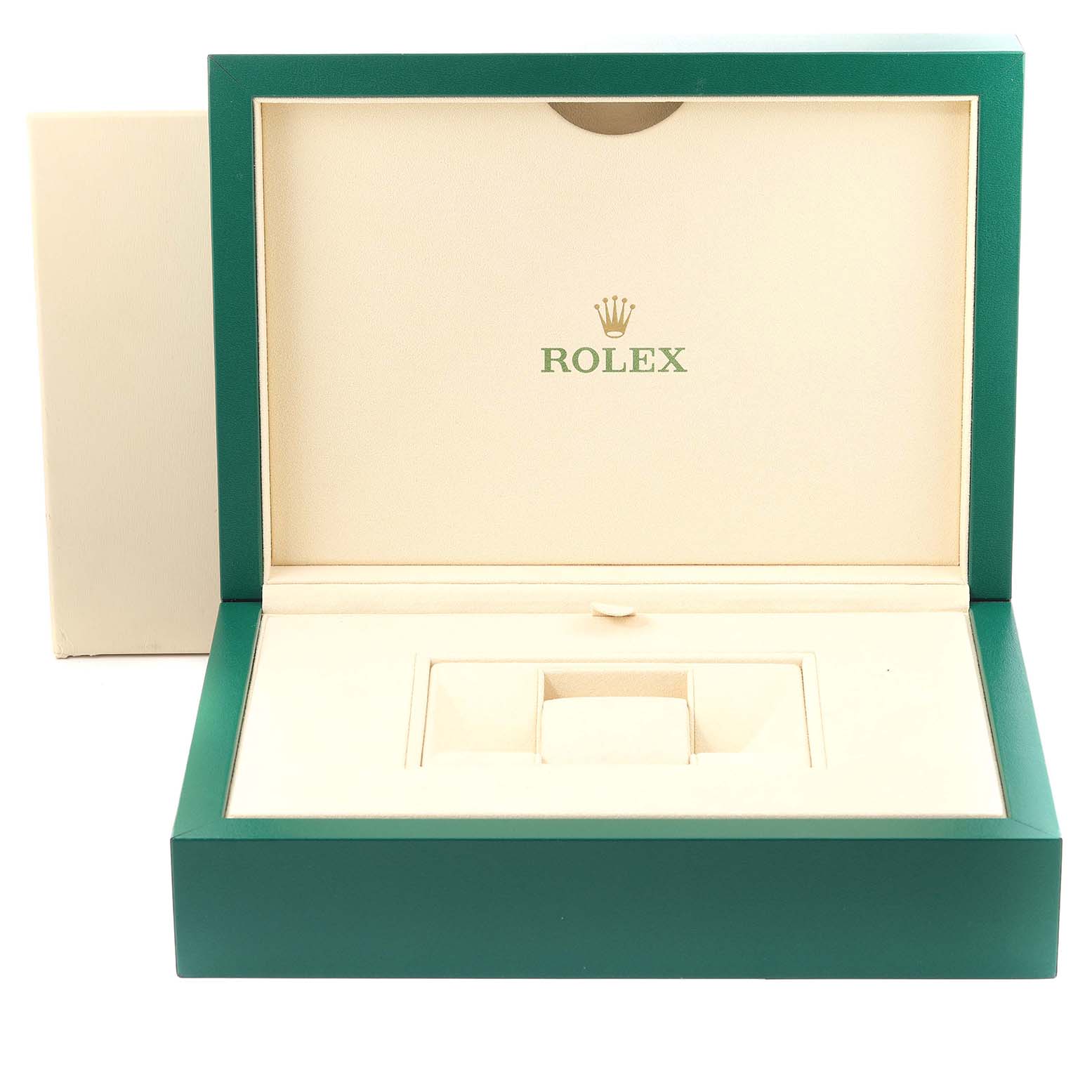 The image shows the open box for a Rolex President 118346 Men's Platinum Silver Dial 118346 Men's Platinum Silver Dial model watch, featuring the interior display for the watch.