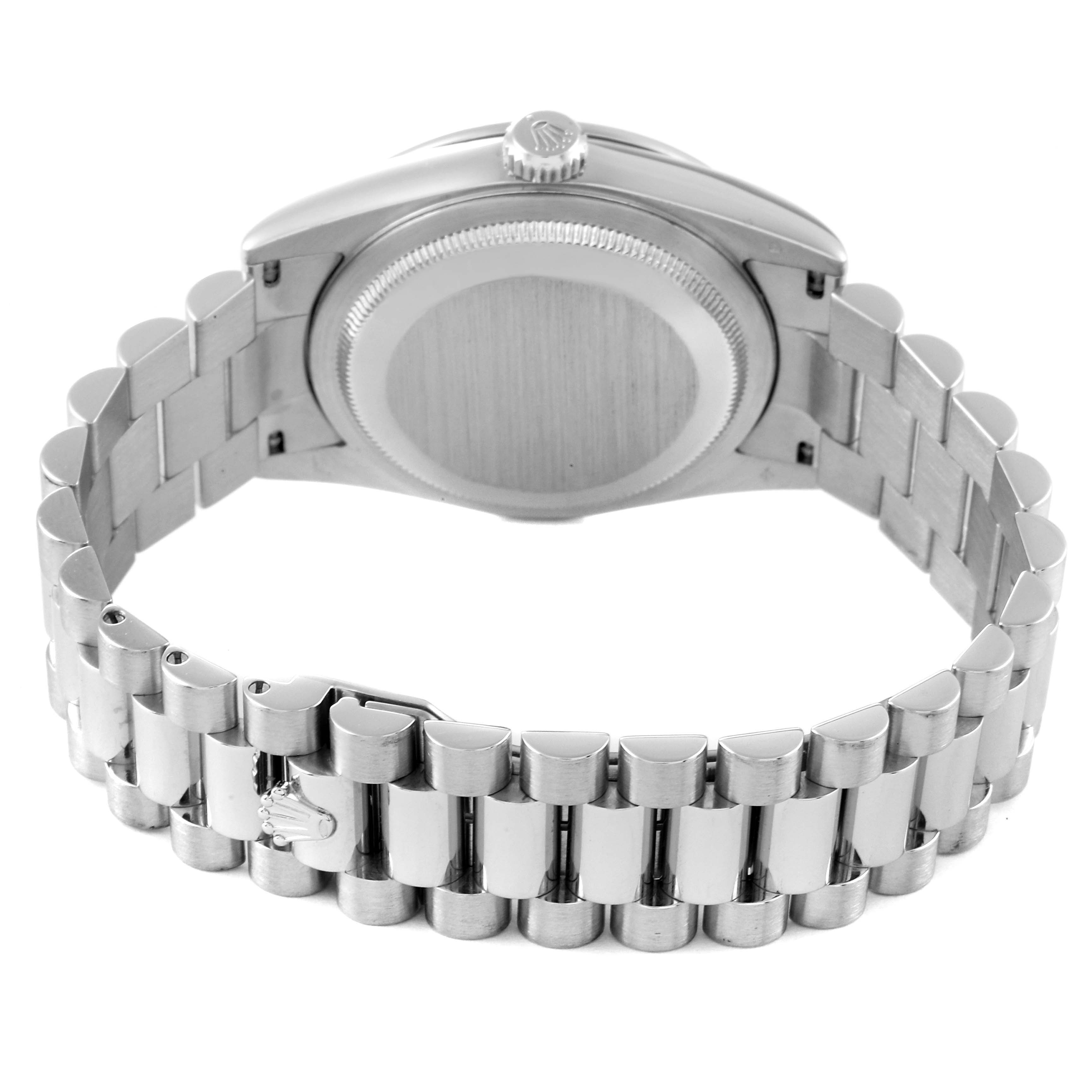 The image shows the back view of a Rolex President 118346 Men's Platinum Silver Dial 118346 Men's Platinum Silver Dial model watch, highlighting the case back and bracelet.