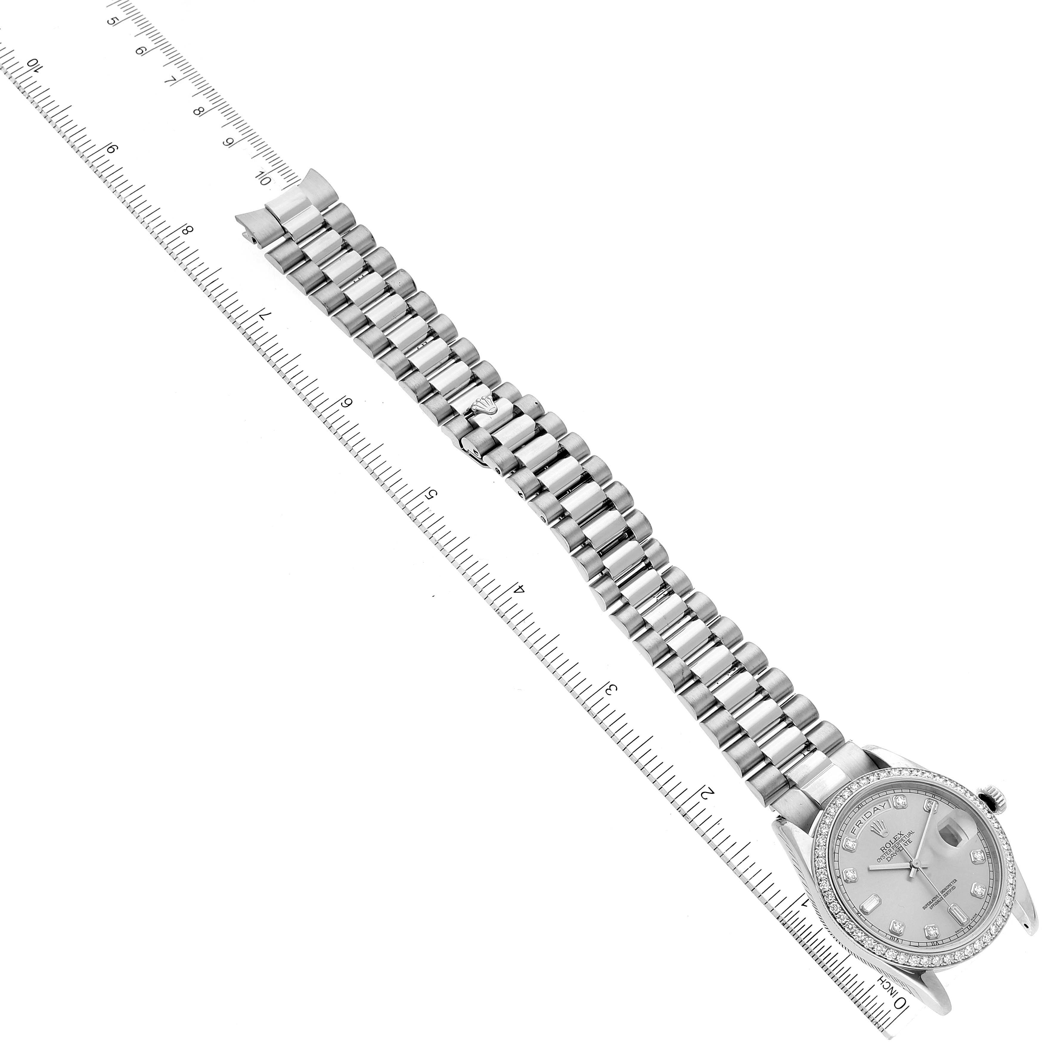 This image shows a top-down view of the Rolex President 118346 Men's Platinum Silver Dial 118346 Men's Platinum Silver Dial model watch, including its band and face.
