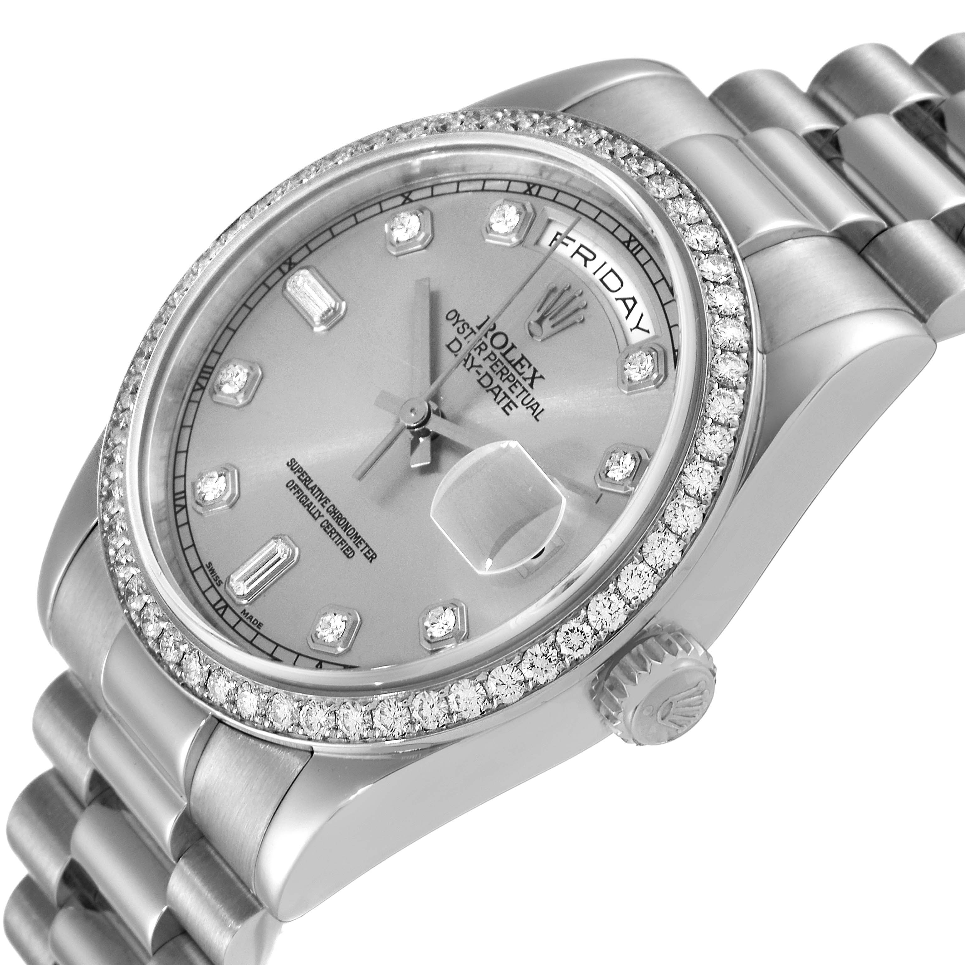 The image shows a close-up angle of the Rolex President 118346 Men's Platinum Silver Dial 118346 Men's Platinum Silver Dial model watch, highlighting the face, bezel, and part of the bracelet.