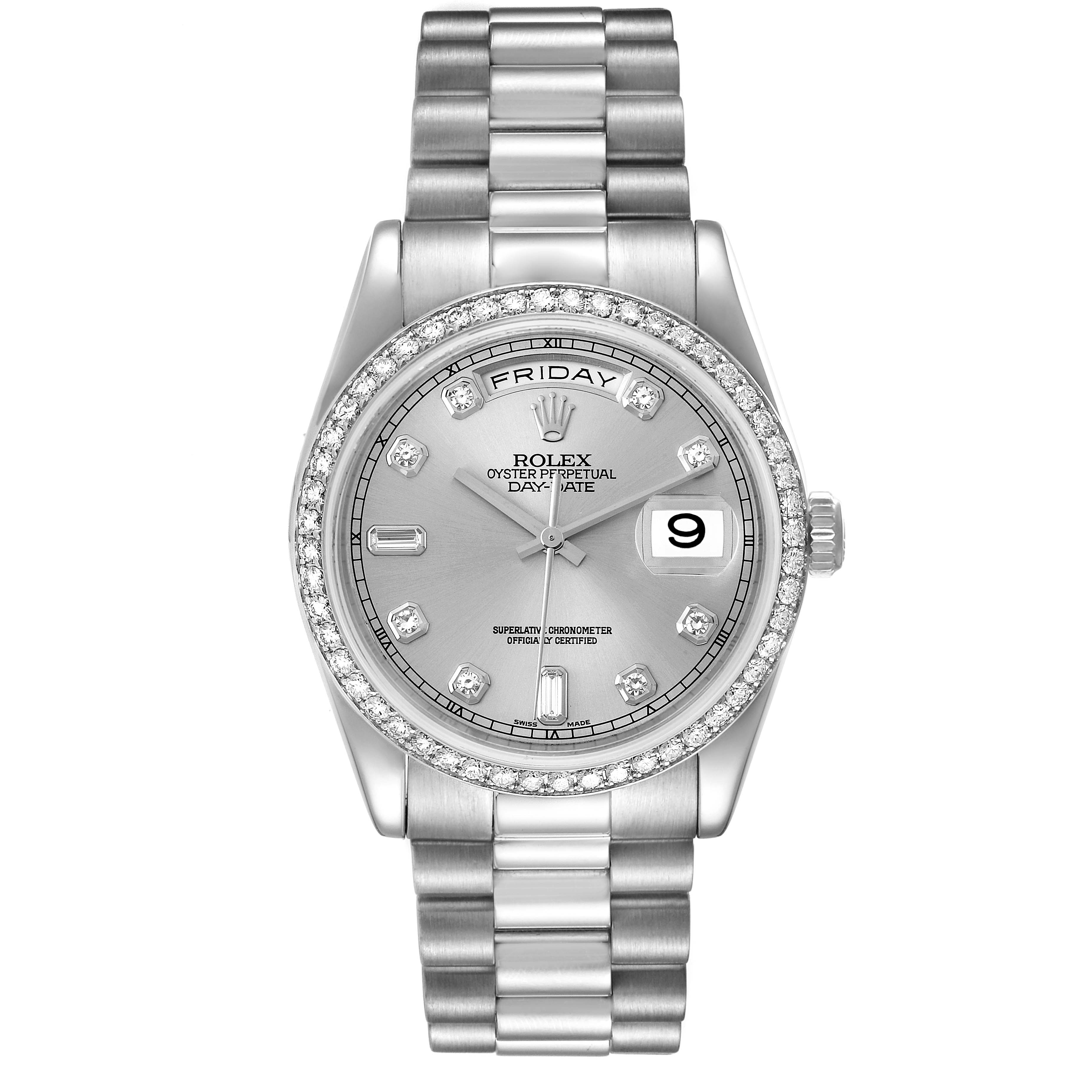 The image shows a front view of a Rolex President 118346 Men's Platinum Silver Dial 118346 Men's Platinum Silver Dial model watch, displaying its dial, bezel, and bracelet.
