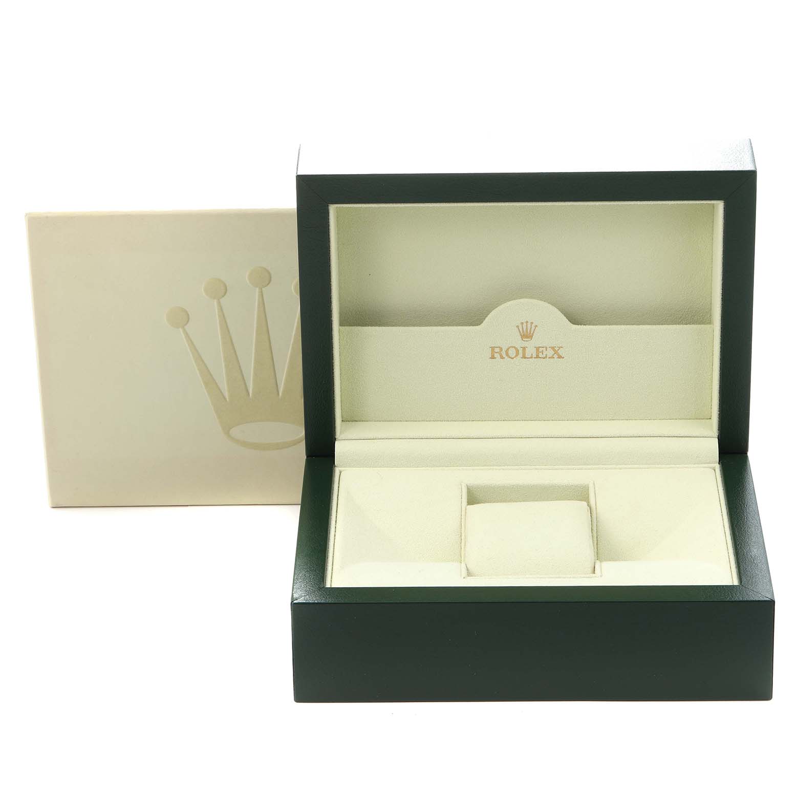 The image shows a Rolex President 118239 Men
s White Gold White Dial 118239 Men
s White Gold White Dial watch box, open to reveal its interior compartments and branding.