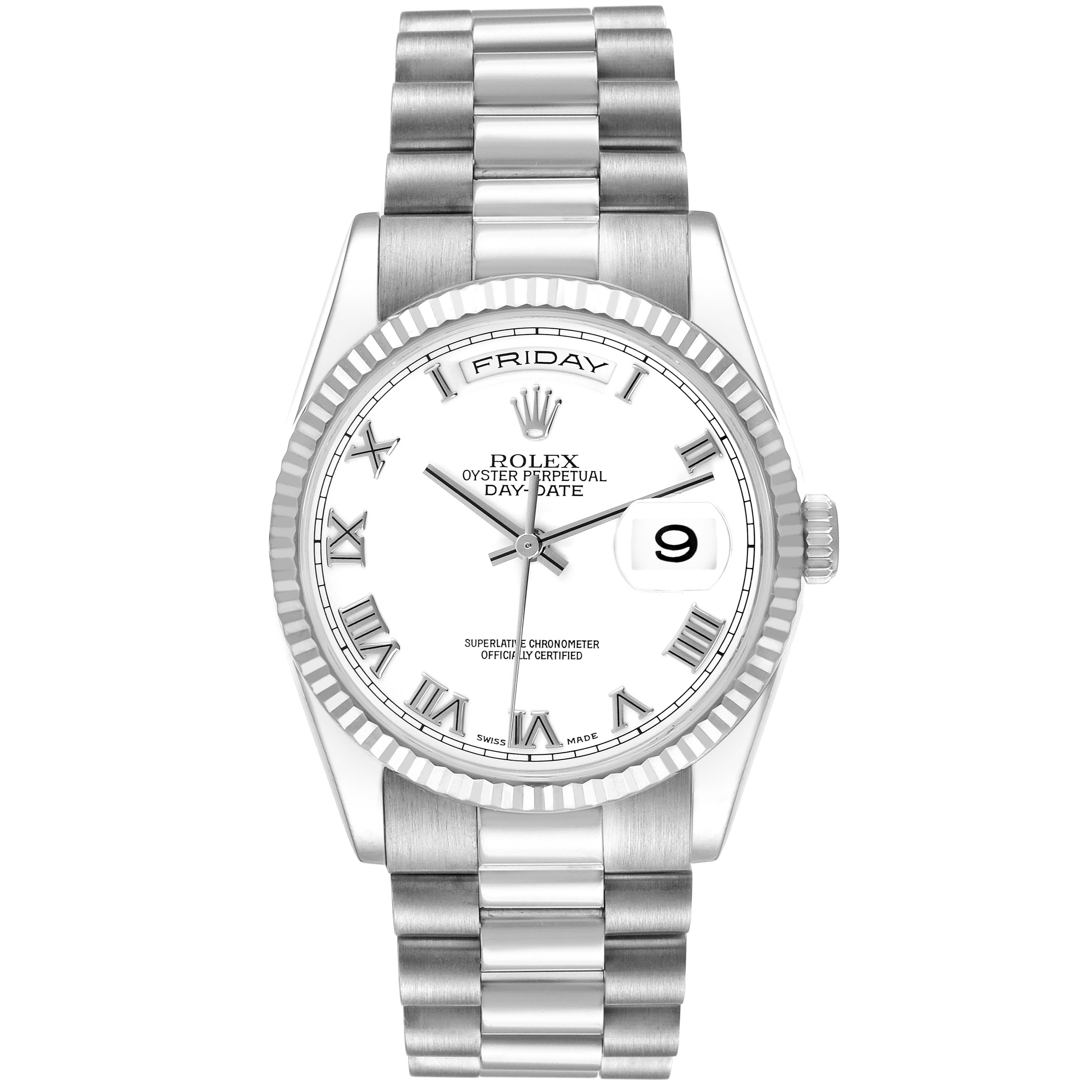 The Rolex President 118239 Men
s White Gold White Dial 118239 Men
s White Gold White Dial model watch is shown from a front angle, displaying the dial, bezel, bracelet, and day-date feature.