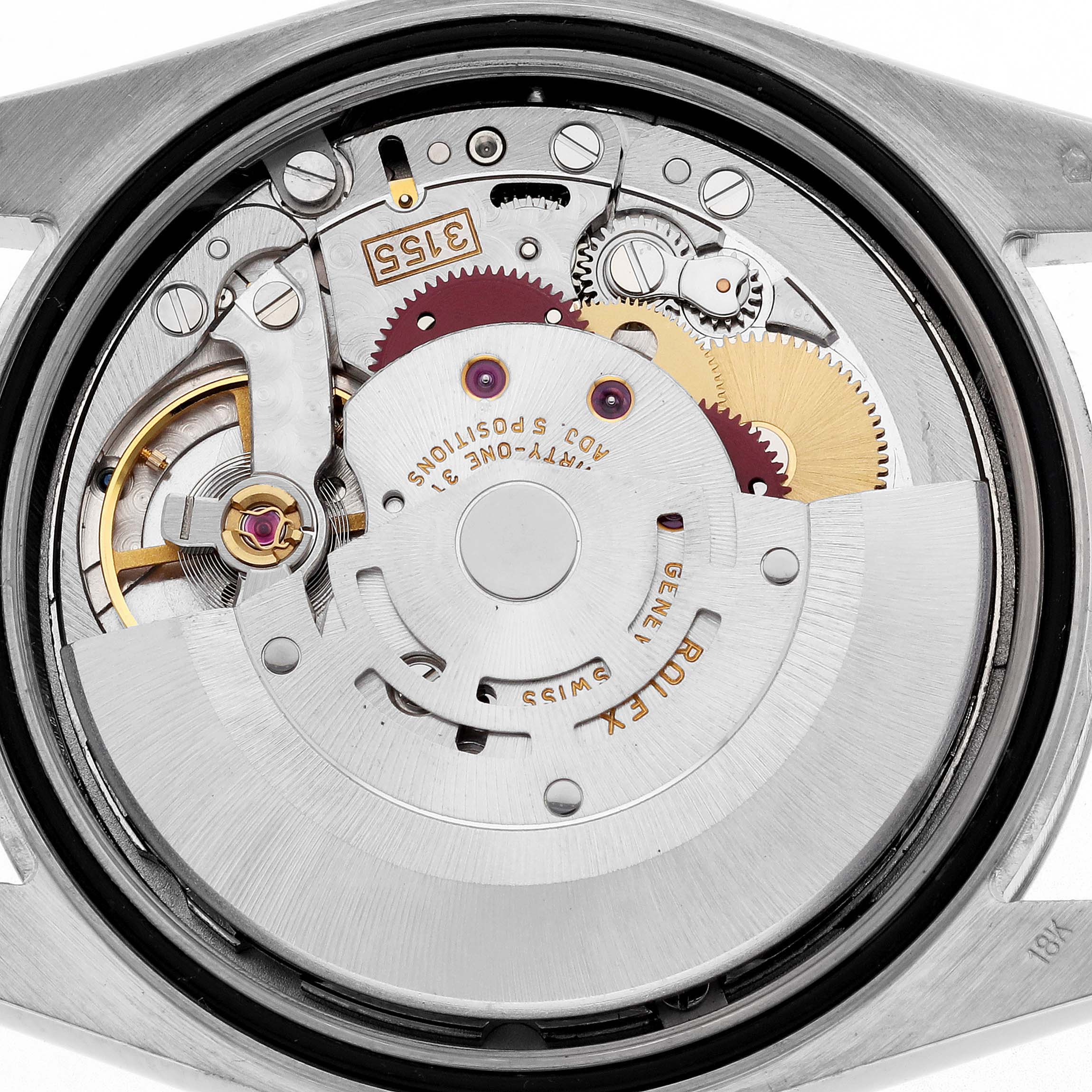 This image shows a close-up of the movement from the back of the Rolex President 118239 Men
s White Gold White Dial 118239 Men
s White Gold White Dial watch, highlighting gears and components.