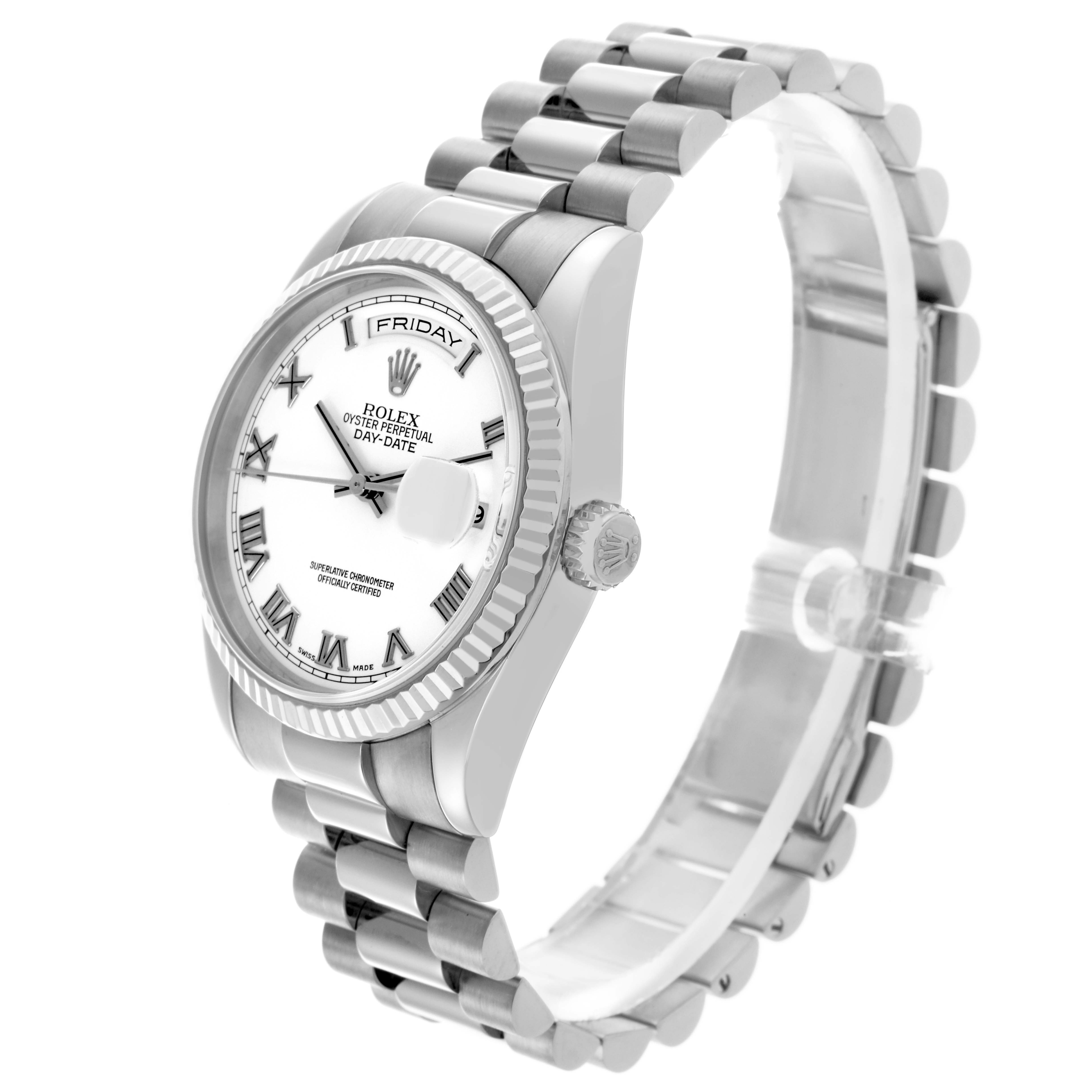 The Rolex President 118239 Men
s White Gold White Dial 118239 Men
s White Gold White Dial watch is shown at an angled side view, displaying the bracelet, face, and crown.