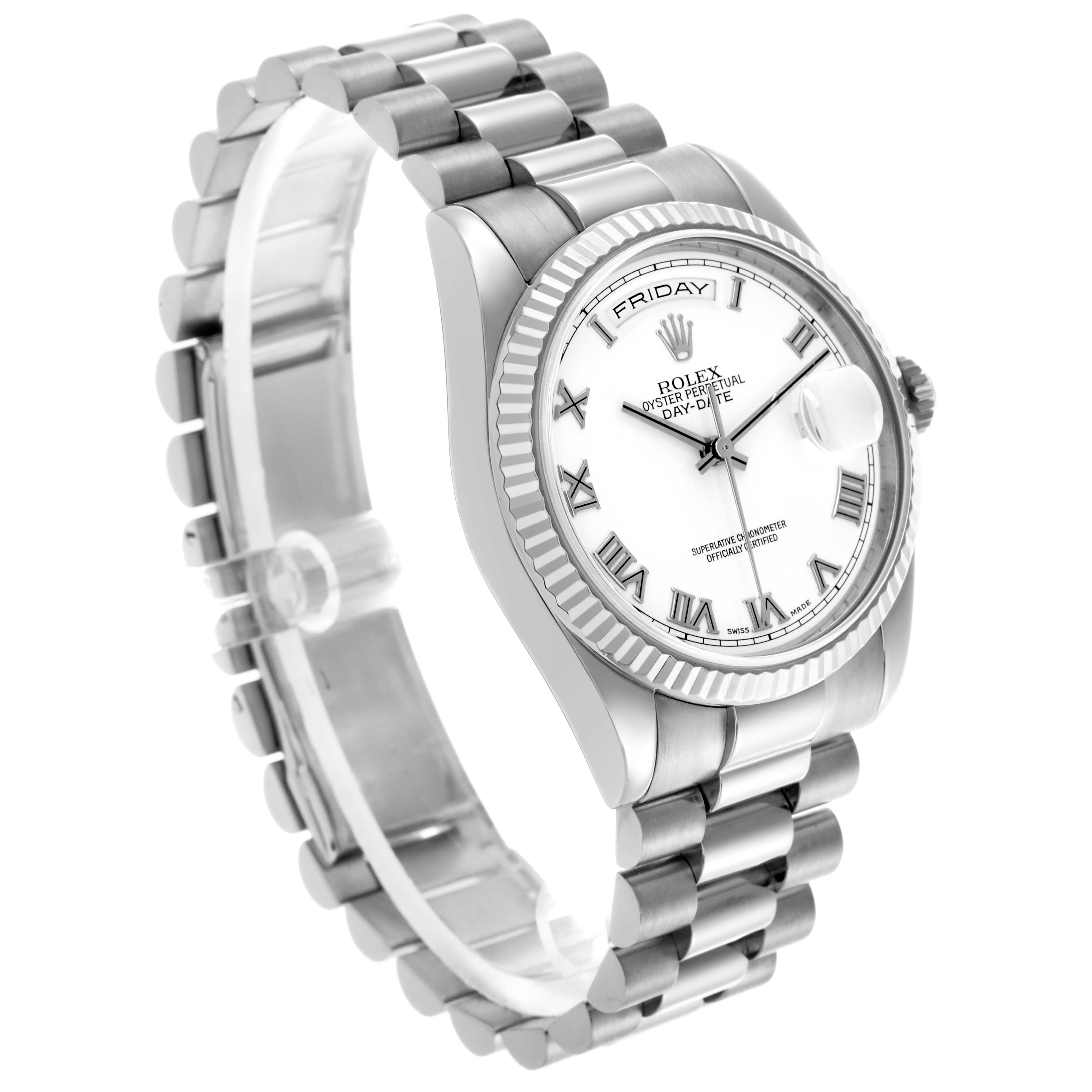 The Rolex President 118239 Men
s White Gold White Dial 118239 Men
s White Gold White Dial model is shown at an angled side view, highlighting its bezel, dial, and bracelet.