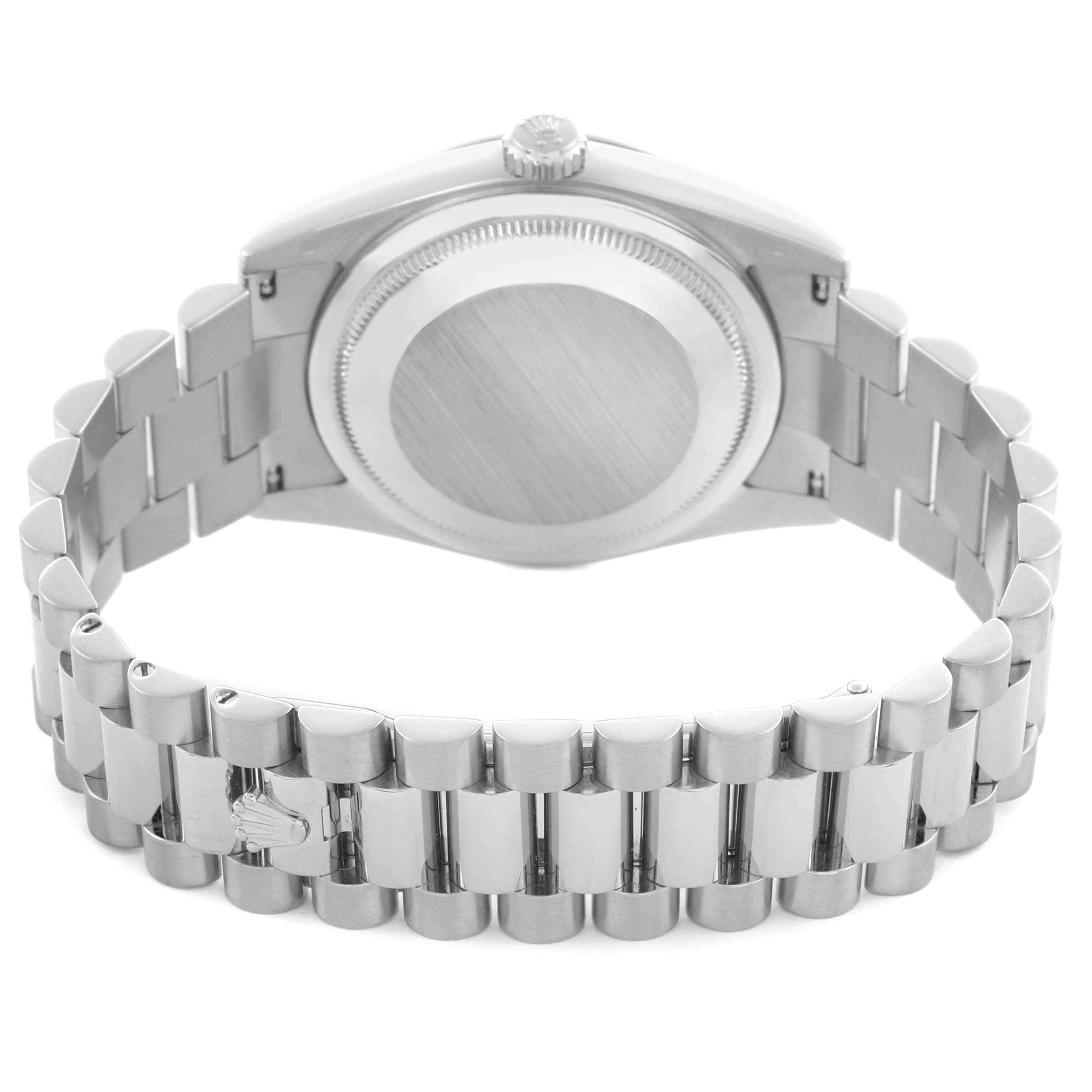The image shows the back view of a Rolex President 118239 Men
s White Gold White Dial 118239 Men
s White Gold White Dial model, highlighting its caseback and bracelet.