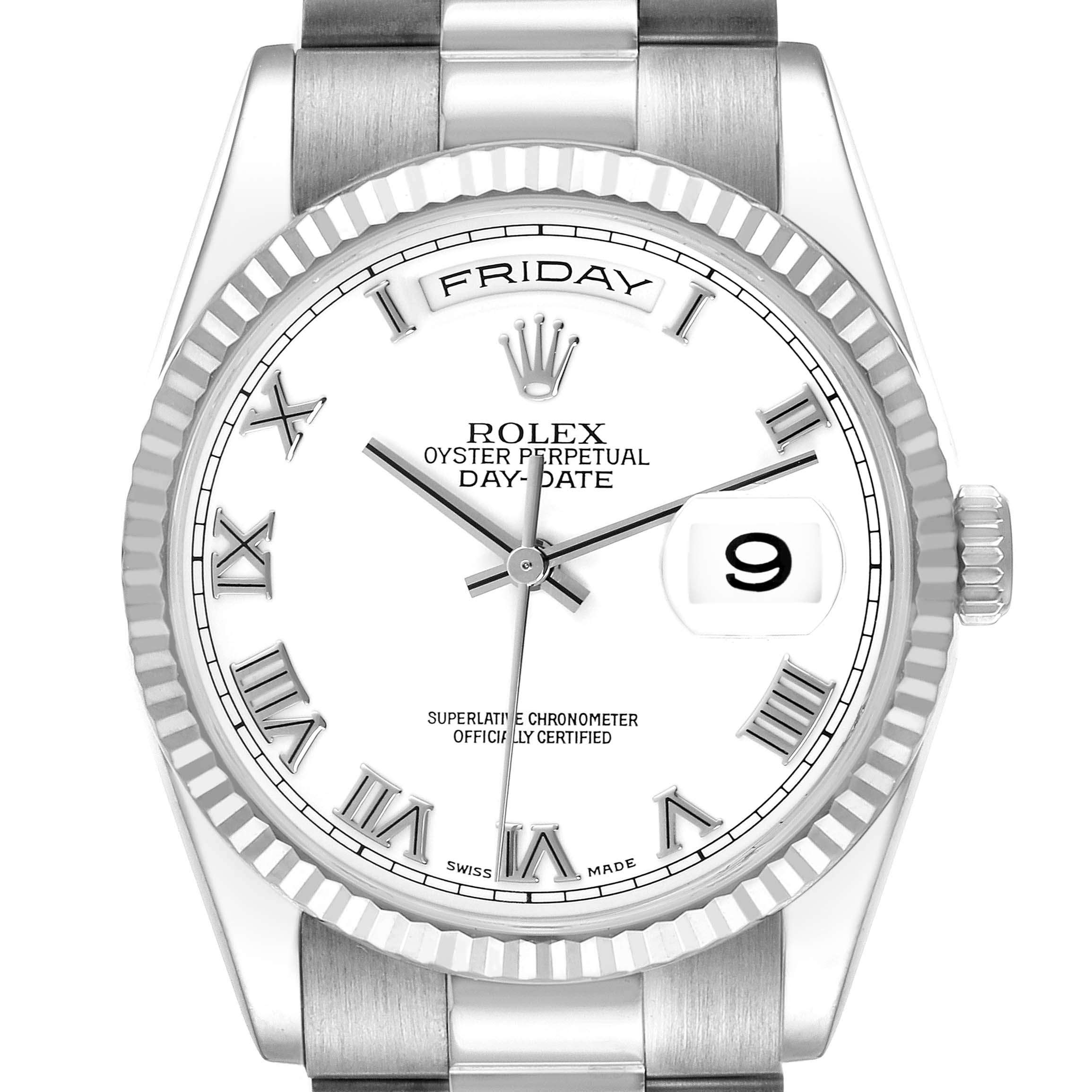 The Rolex President 118239 Men
s White Gold White Dial 118239 Men
s White Gold White Dial model is shown from the front, highlighting its face, bezel, crown, and part of its bracelet.