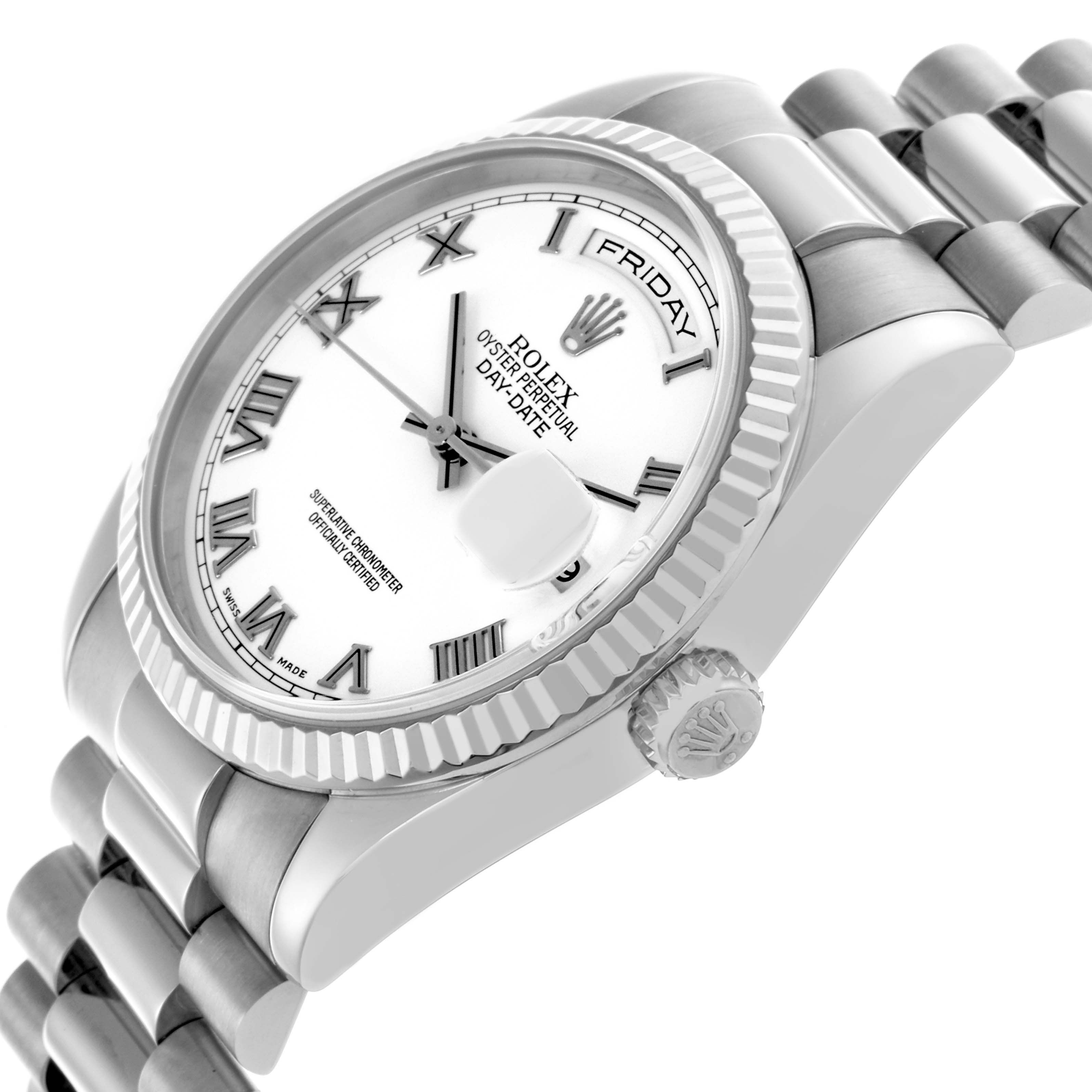 The Rolex President 118239 Men
s White Gold White Dial 118239 Men
s White Gold White Dial watch is shown from a three-quarter angle, displaying the face, bezel, crown, and bracelet.