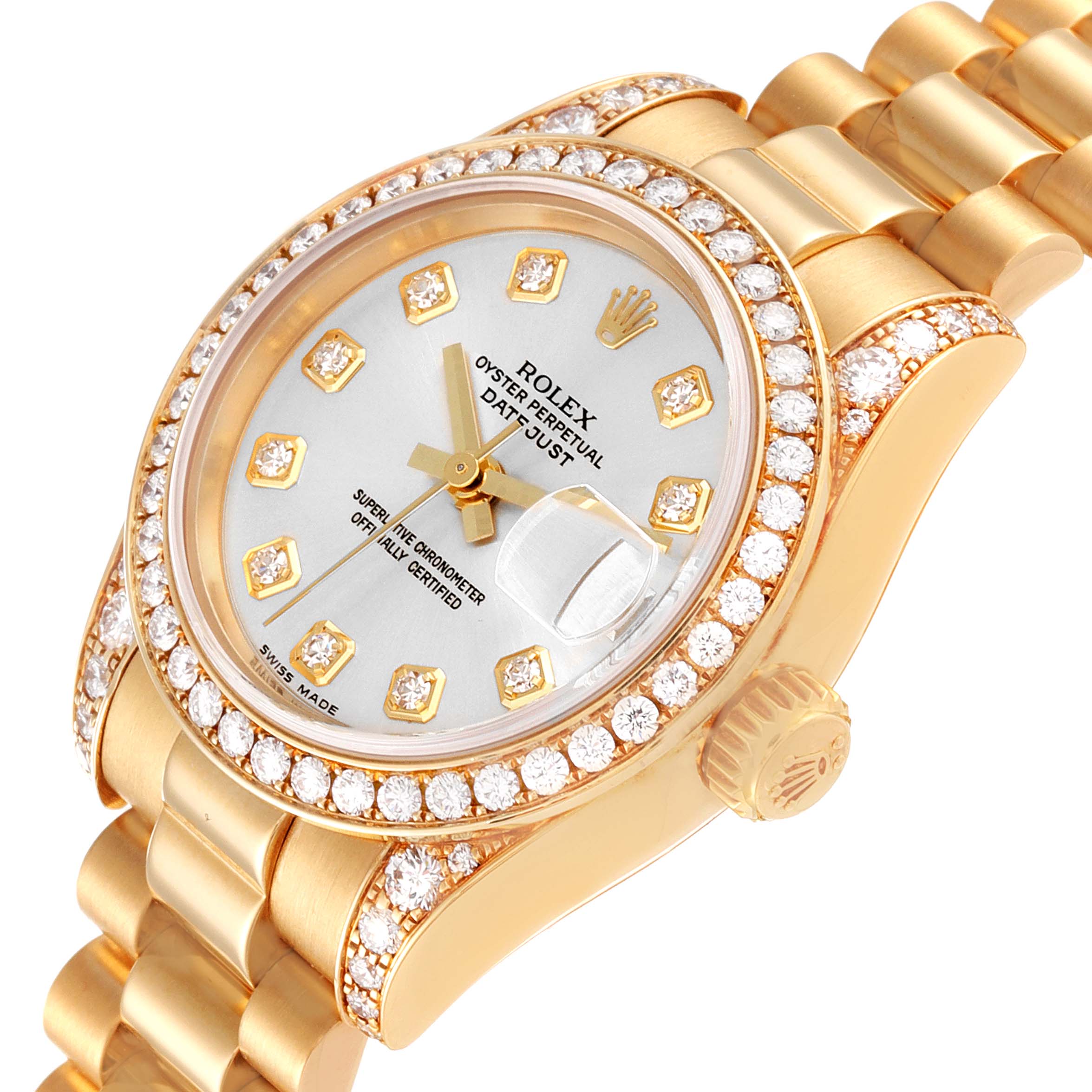 The image shows a close-up of a Rolex President 179158 Women's Yellow Gold Silver Dial 179158 Women's Yellow Gold Silver Dial model watch, focusing on the diamond-studded bezel, dial, and part of the bracelet.