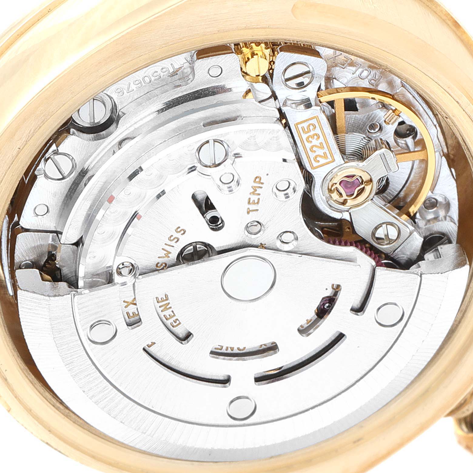 The image shows the internal movement mechanism of the Rolex President 179158 Women's Yellow Gold Silver Dial 179158 Women's Yellow Gold Silver Dial model watch from a close-up angle.