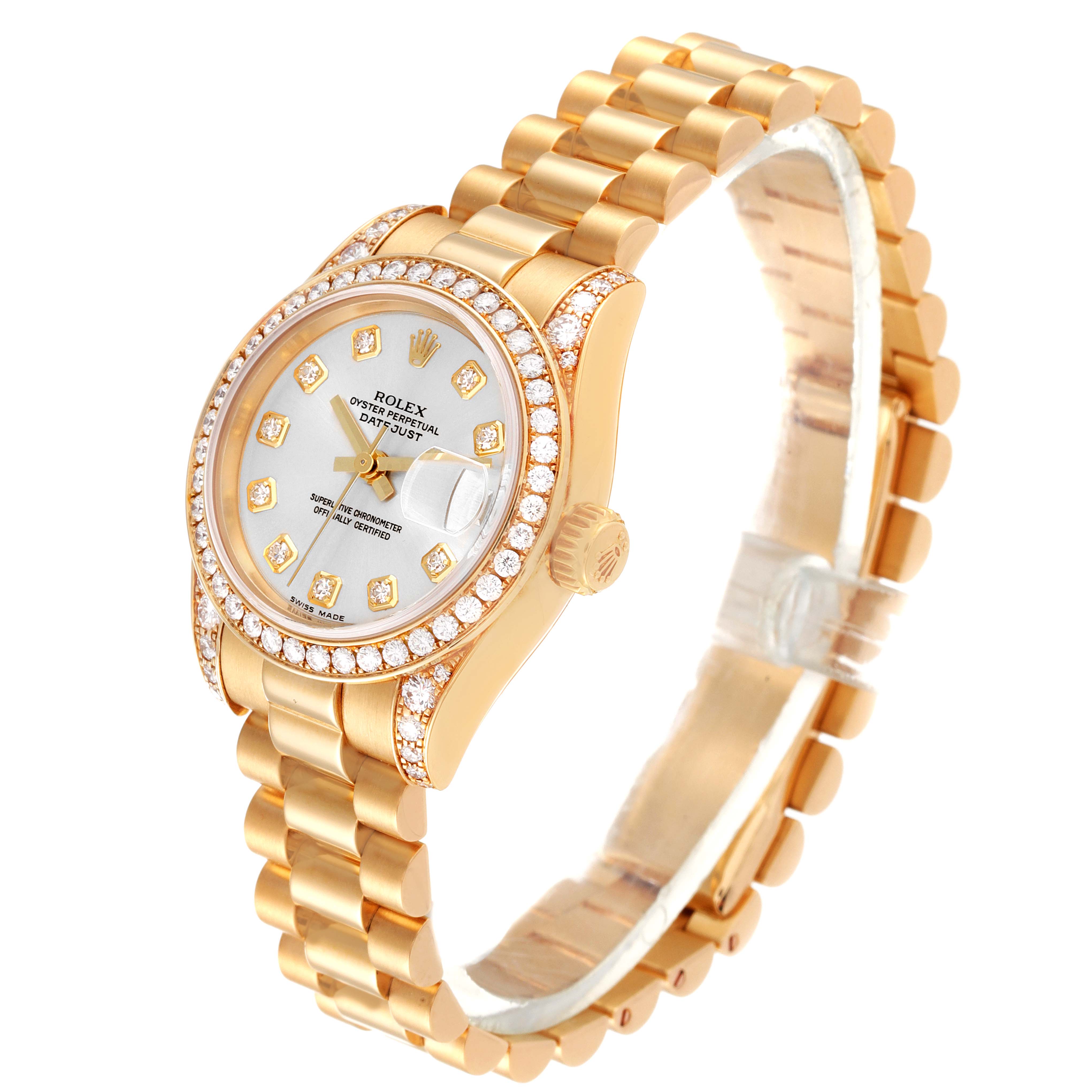 This image shows a Rolex President 179158 Women's Yellow Gold Silver Dial 179158 Women's Yellow Gold Silver Dial model watch at a three-quarter angle, highlighting the dial, bezel, crown, and bracelet.