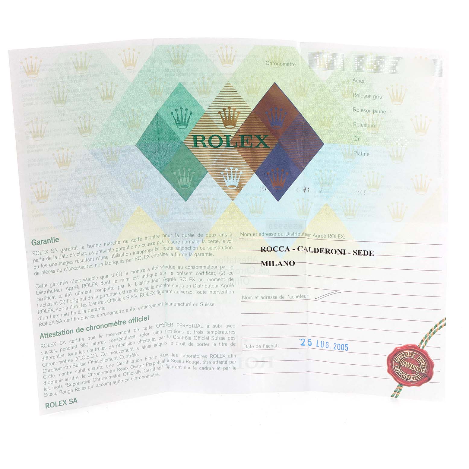 The image shows a warranty certificate for a Rolex President 179158 Women's Yellow Gold Silver Dial 179158 Women's Yellow Gold Silver Dial model watch, issued in Milan on July 25, 2005.