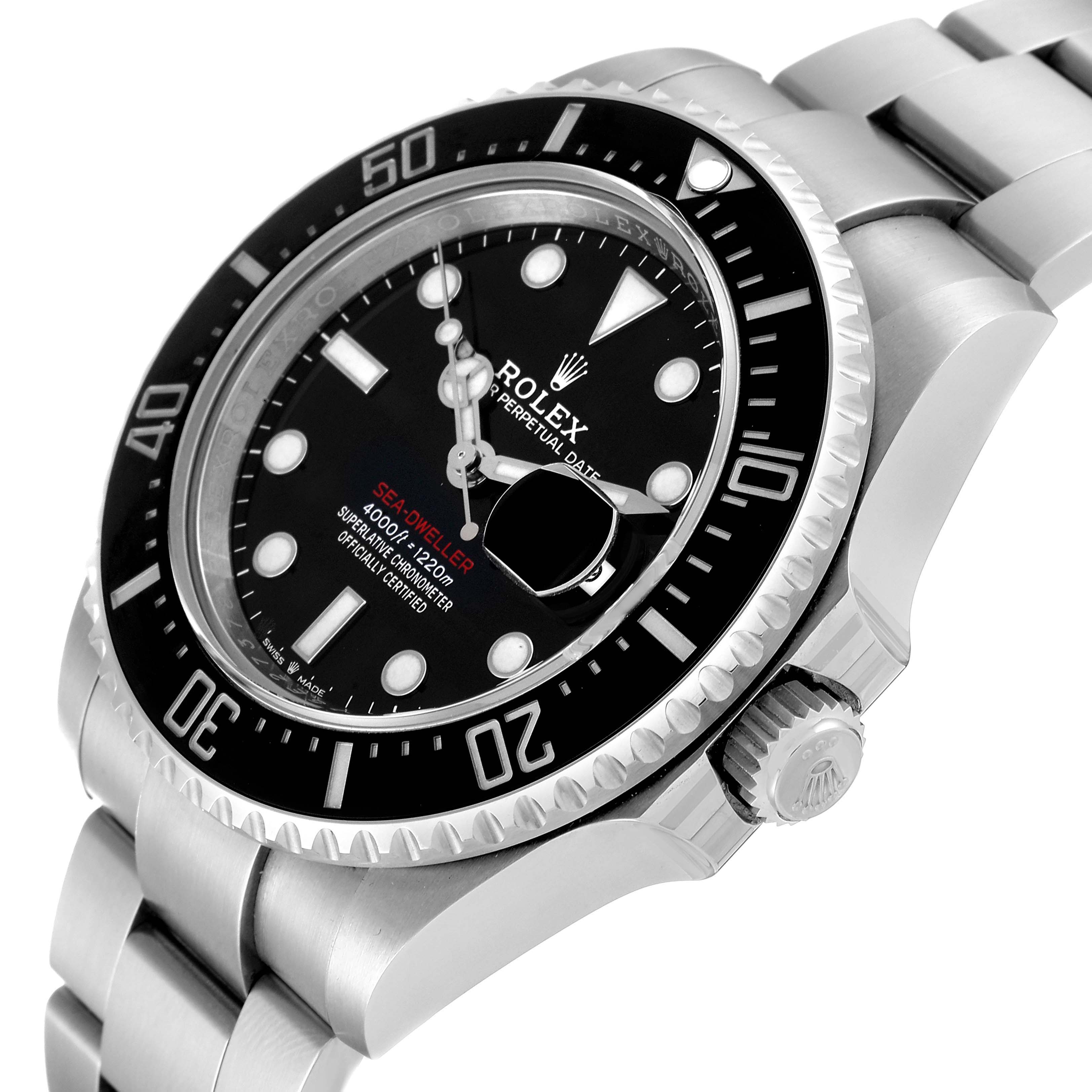 This image shows a side and slight frontal angle of the Rolex Sea-Dweller 126600 Men's Stainless Steel Black Dial 126600 Men's Stainless Steel Black Dial watch, highlighting the bezel, dial, crown, and bracelet.