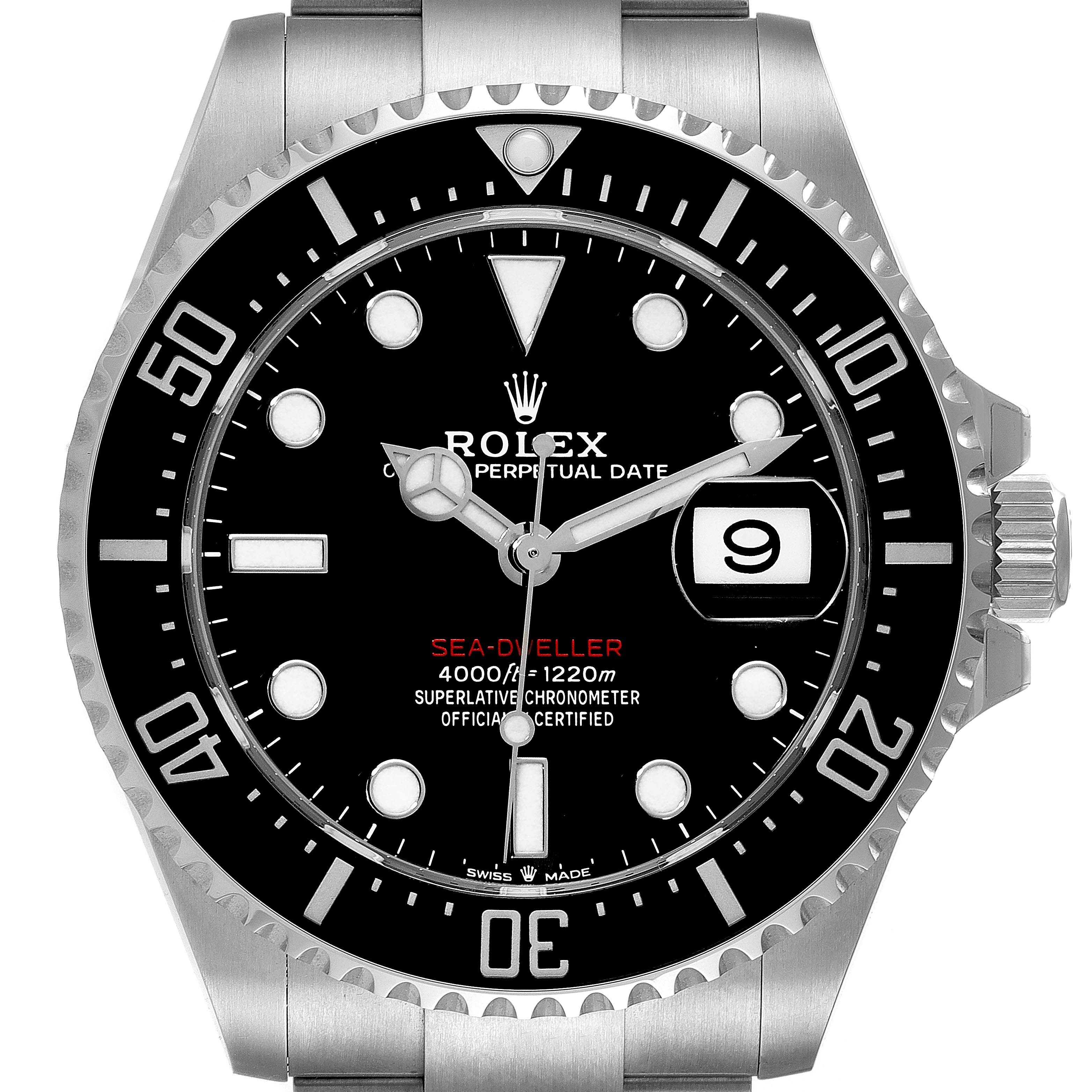 This image shows a front view of the dial and bezel of a Rolex Sea-Dweller 126600 Men's Stainless Steel Black Dial 126600 Men's Stainless Steel Black Dial watch.