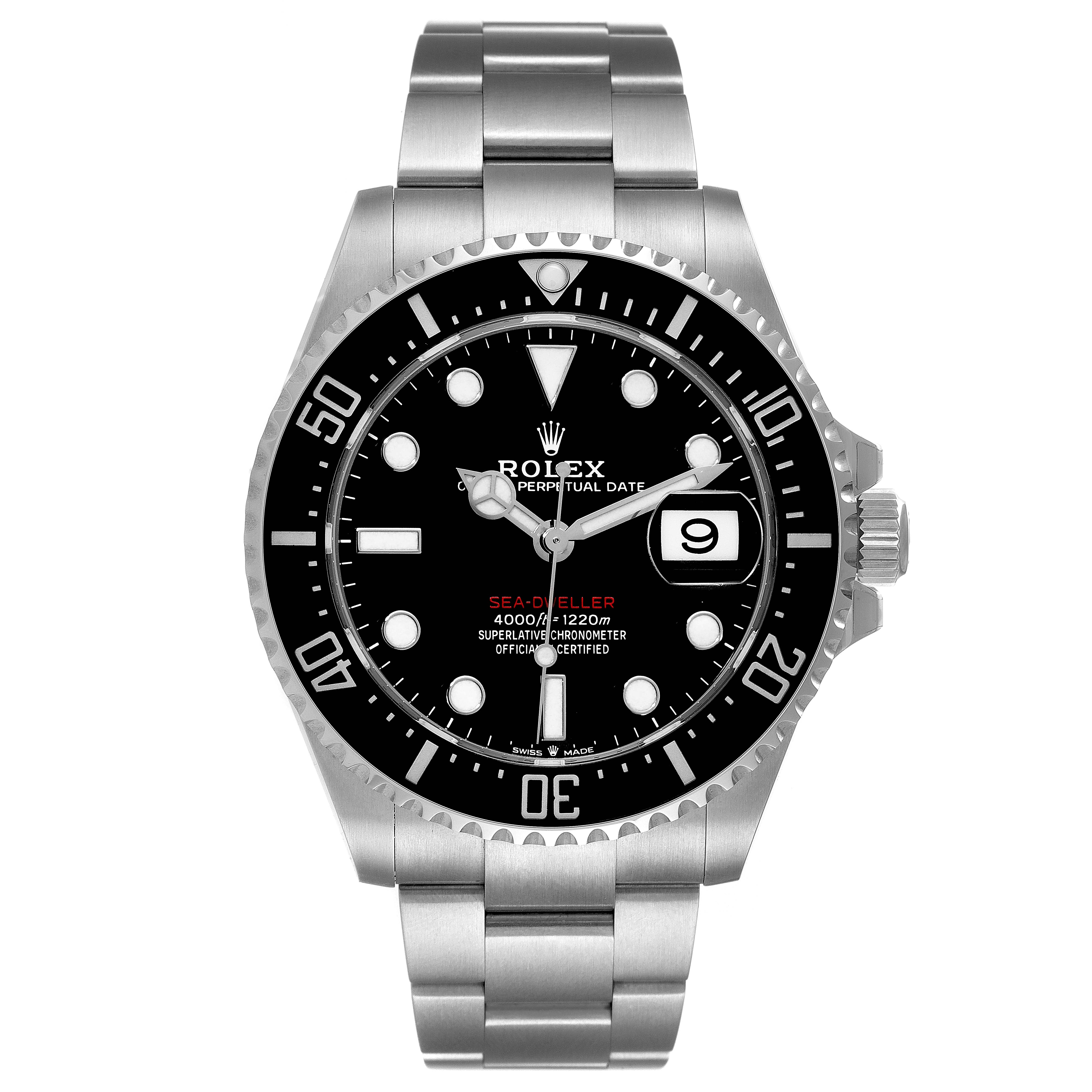 The image shows a frontal view of a Rolex Sea-Dweller 126600 Men's Stainless Steel Black Dial 126600 Men's Stainless Steel Black Dial watch, highlighting its dial, bezel, case, and bracelet.