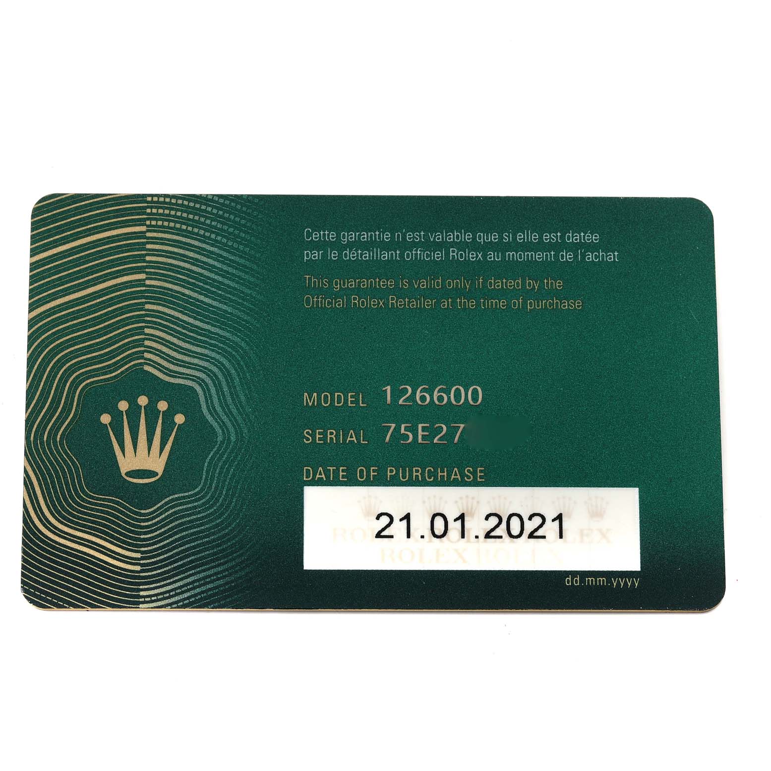 The image shows a green warranty card for the Rolex Sea-Dweller 126600 Men's Stainless Steel Black Dial 126600 Men's Stainless Steel Black Dial model 126600, with purchase date 21.01.2021.