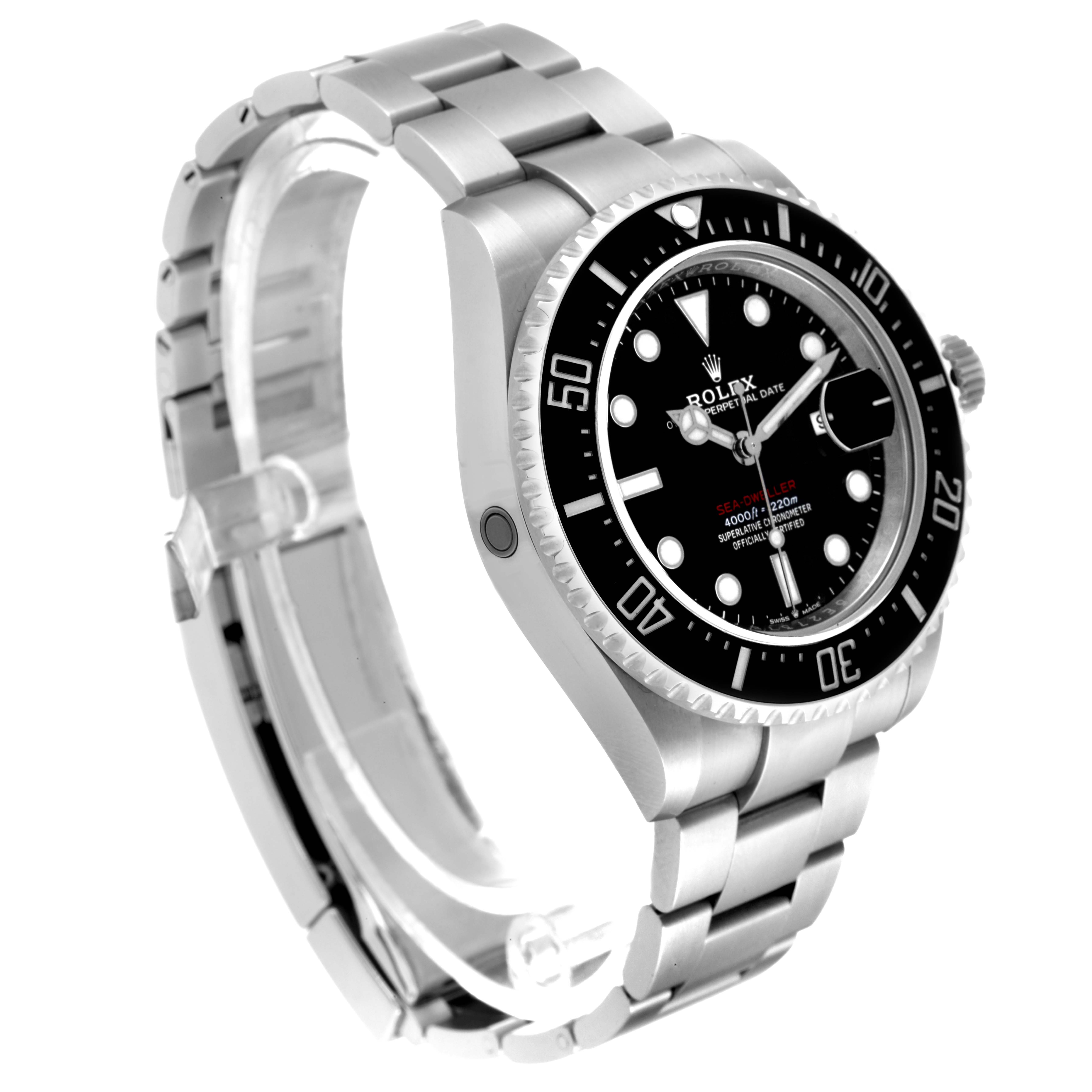 The Rolex Sea-Dweller 126600 Men's Stainless Steel Black Dial 126600 Men's Stainless Steel Black Dial watch is shown at a slight angle, highlighting its bezel, dial, bracelet, and crown.