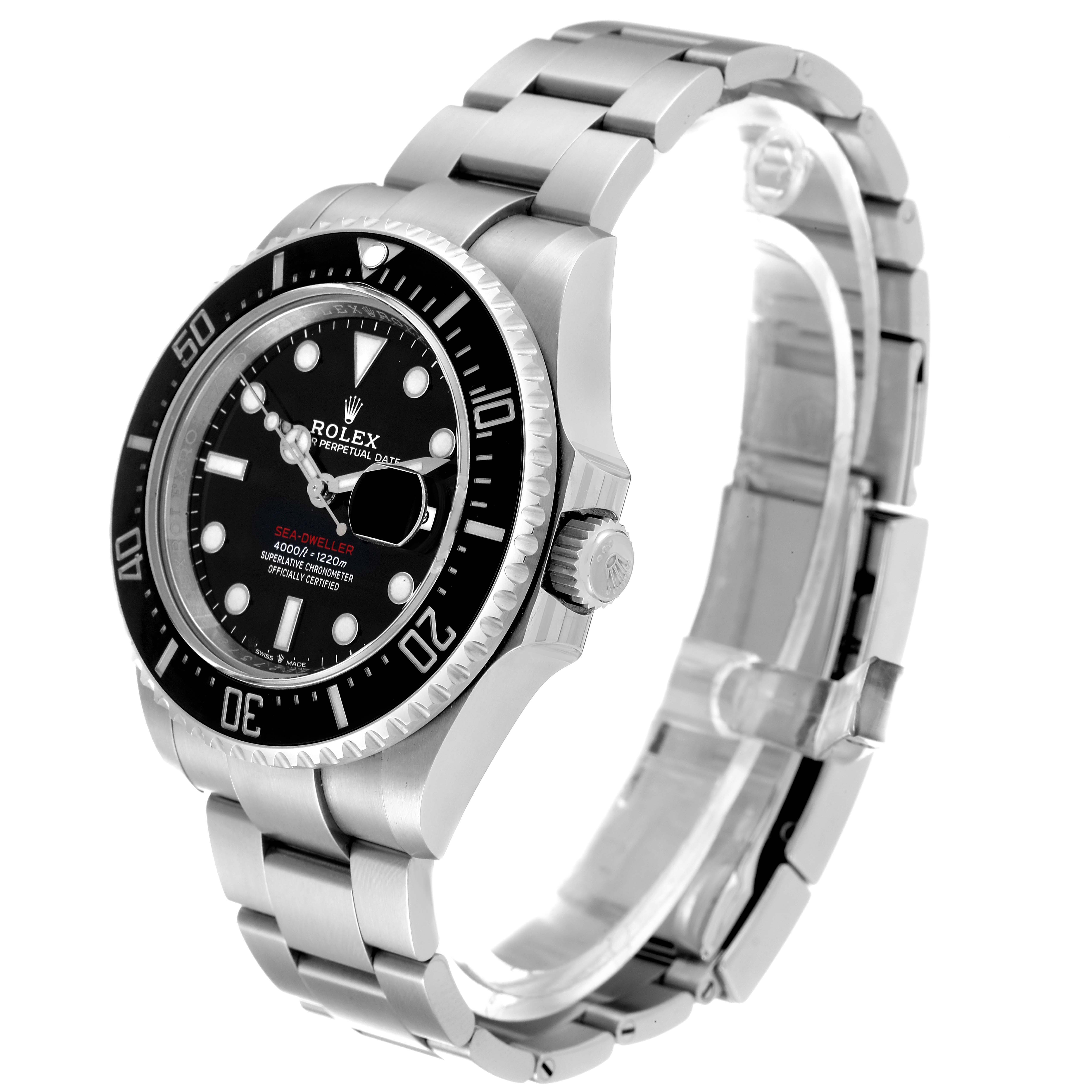 This image shows a side-angle view of the Rolex Sea-Dweller 126600 Men's Stainless Steel Black Dial 126600 Men's Stainless Steel Black Dial watch, highlighting the stainless steel bracelet, bezel, and dial.