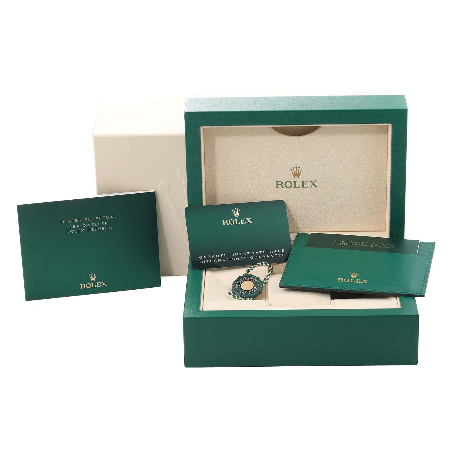 The image shows the packaging and accessories of a Rolex Sea-Dweller 126603 Men's Steel and Gold (two tone) Black Dial 126603 Men's Steel and Gold (two tone) Black Dial watch, including the box, warranty card, and booklets.