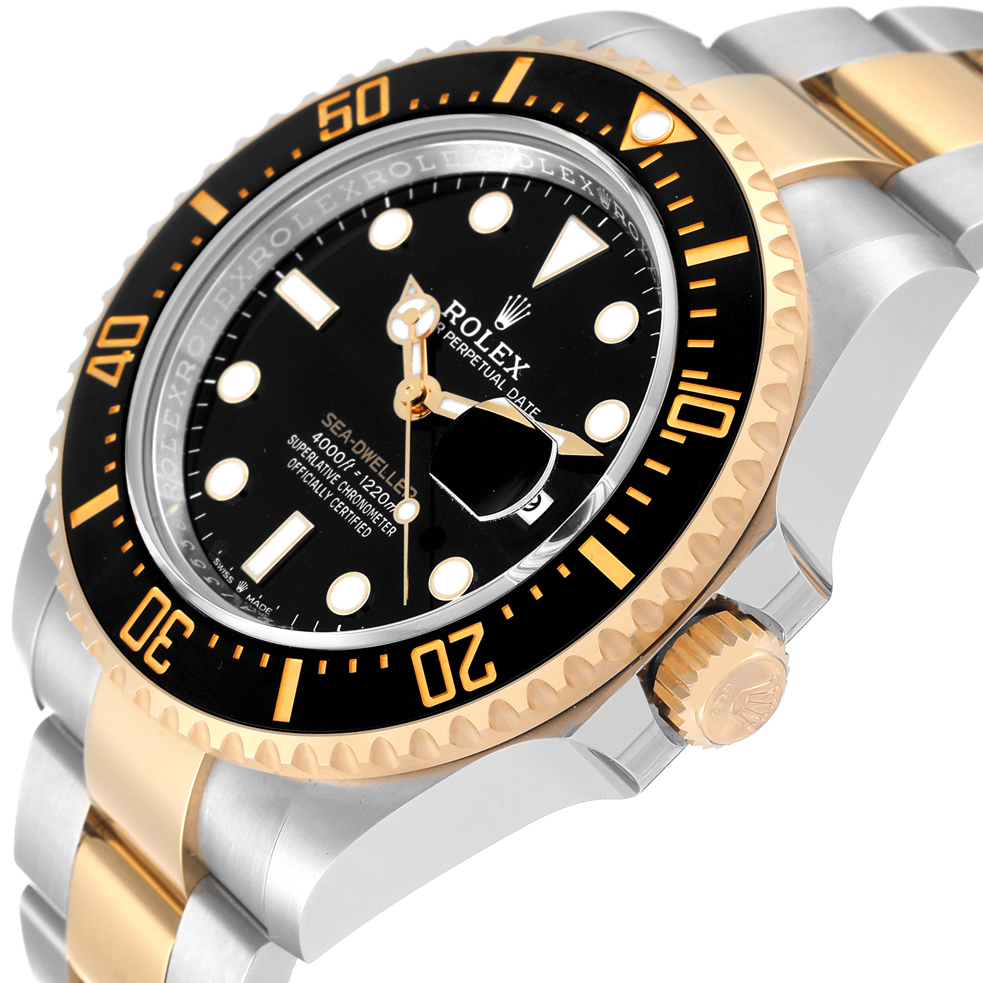 The image shows a Rolex Sea-Dweller 126603 Men's Steel and Gold (two tone) Black Dial 126603 Men's Steel and Gold (two tone) Black Dial watch angled to display its face, bezel, and part of the bracelet.