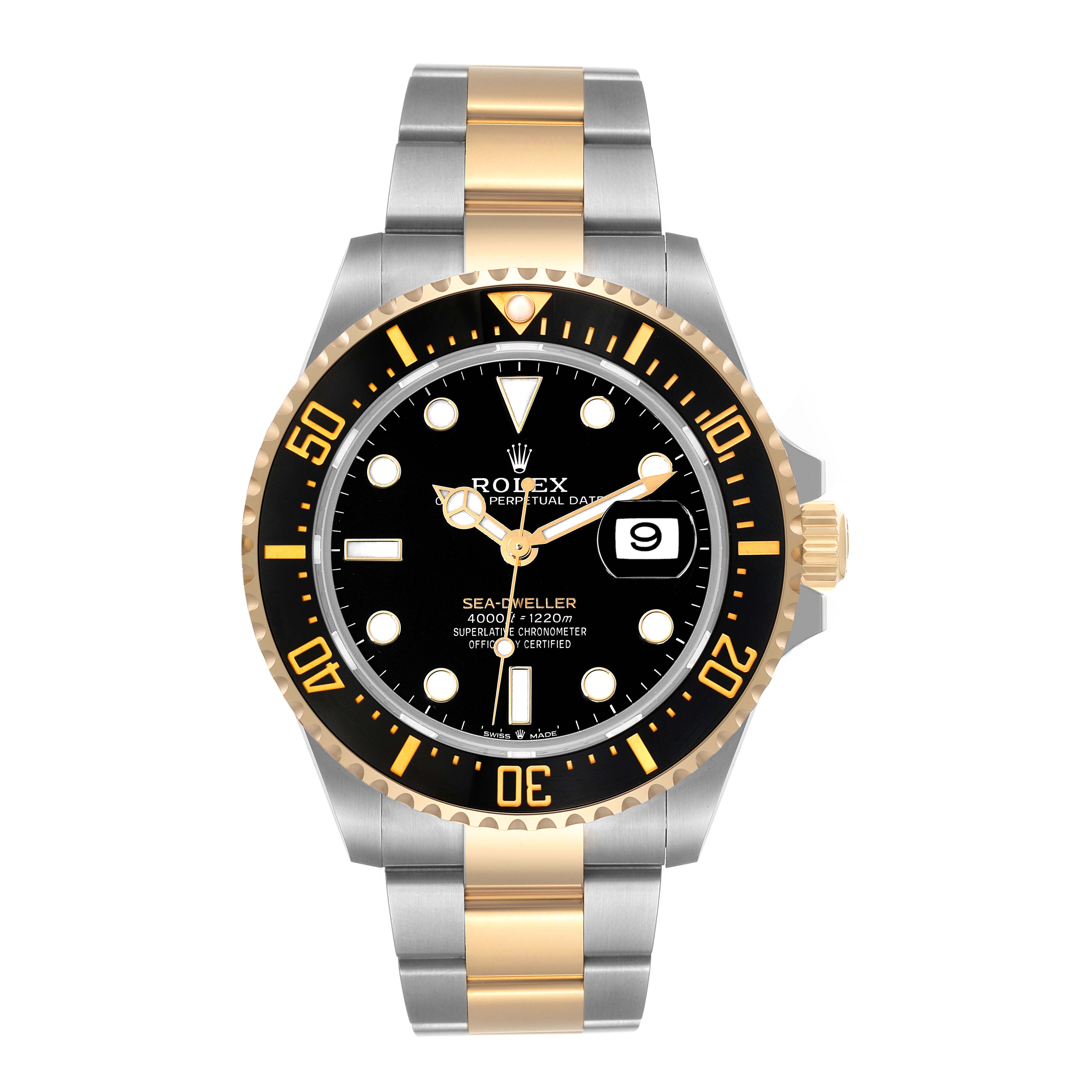 The image shows a front view of the Rolex Sea-Dweller 126603 Men's Steel and Gold (two tone) Black Dial 126603 Men's Steel and Gold (two tone) Black Dial watch, highlighting its black dial, gold accents, and two-tone bracelet.