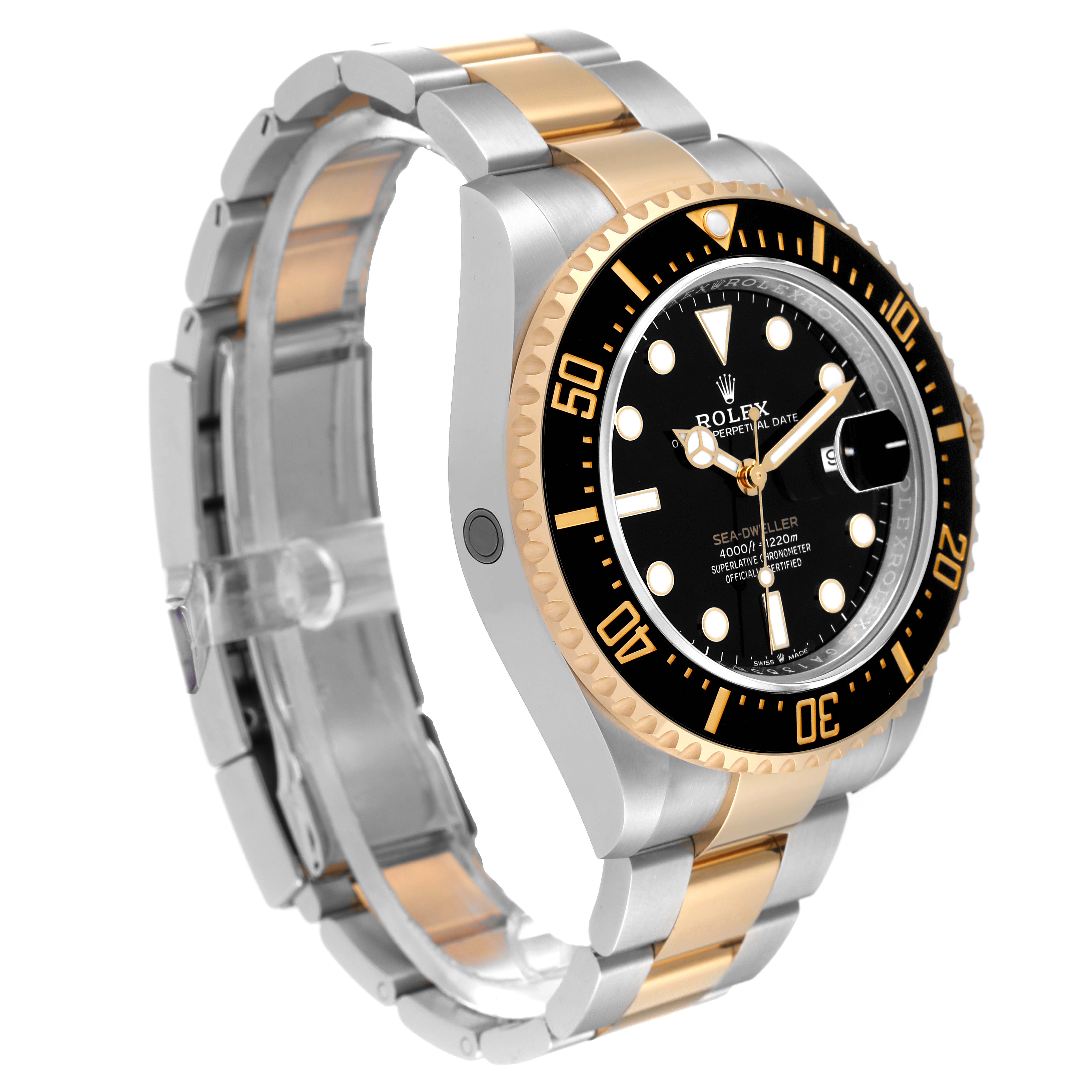 The Rolex Sea-Dweller 126603 Men's Steel and Gold (two tone) Black Dial 126603 Men's Steel and Gold (two tone) Black Dial watch is shown at a three-quarter angle, highlighting the face, bezel, and band.