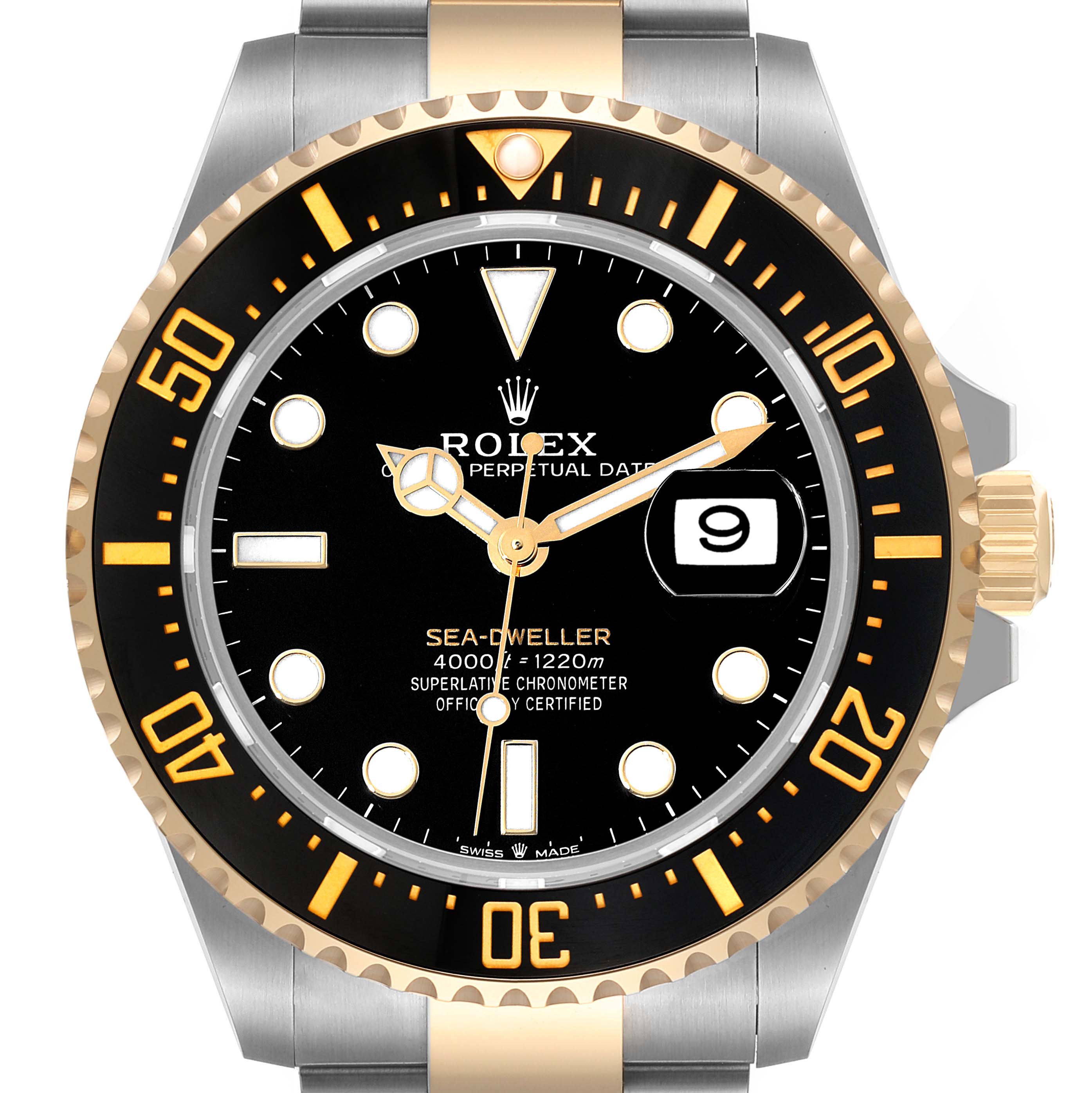 This image shows a front view of the Rolex Sea-Dweller 126603 Men's Steel and Gold (two tone) Black Dial 126603 Men's Steel and Gold (two tone) Black Dial watch, highlighting its bezel, dial, hands, and date window.