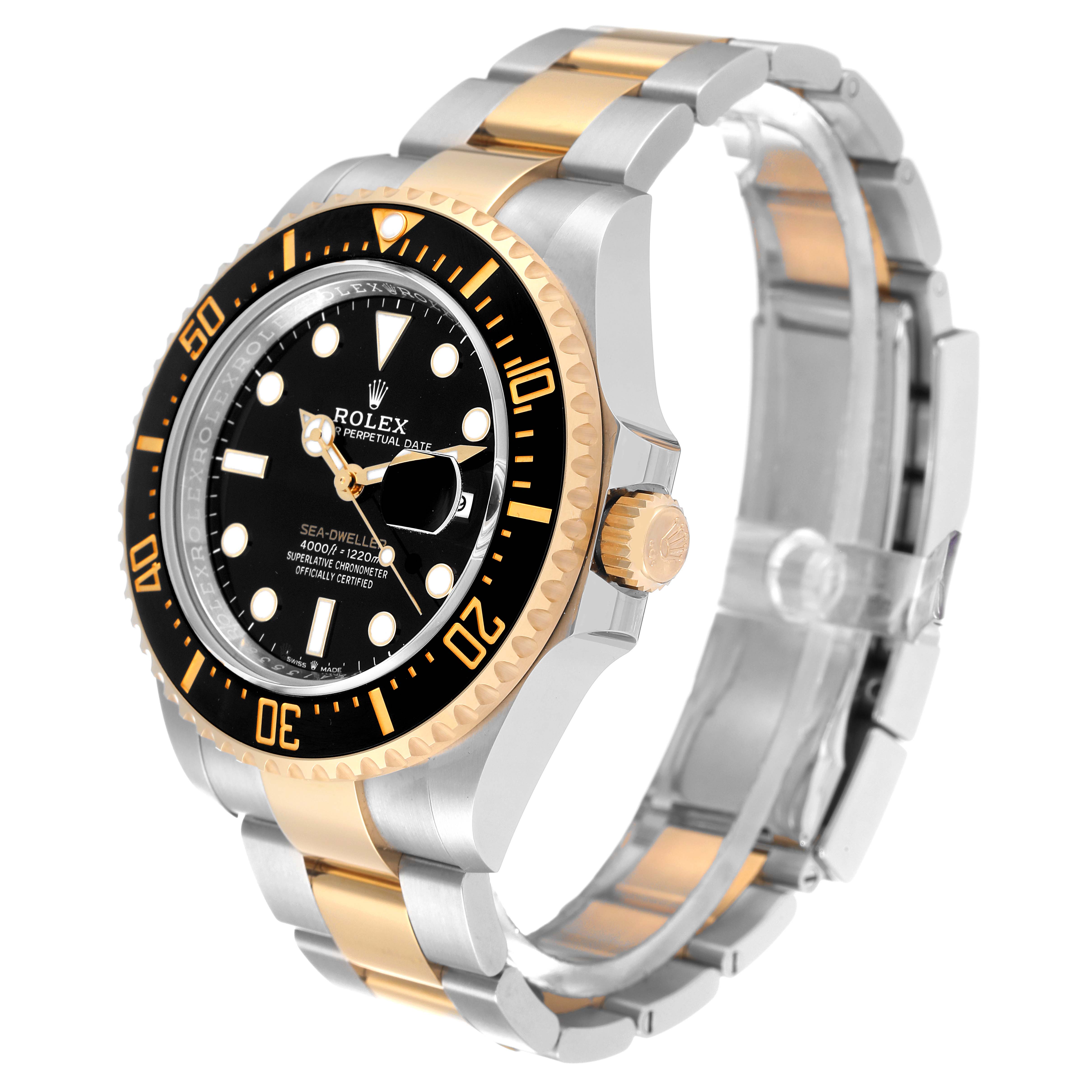 The image shows a Rolex Sea-Dweller 126603 Men's Steel and Gold (two tone) Black Dial 126603 Men's Steel and Gold (two tone) Black Dial watch at an angle displaying its black dial, gold bezel, crown, and two-tone metal bracelet.