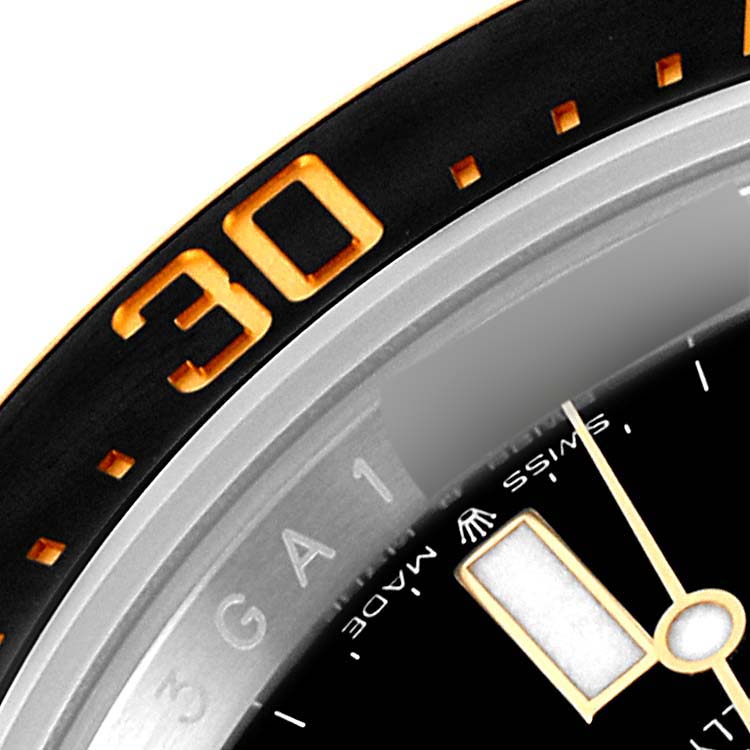 This is a close-up angle showing the bezel, partly visible dial, and minute hand of a Rolex Sea-Dweller 126603 Men's Steel and Gold (two tone) Black Dial 126603 Men's Steel and Gold (two tone) Black Dial watch.