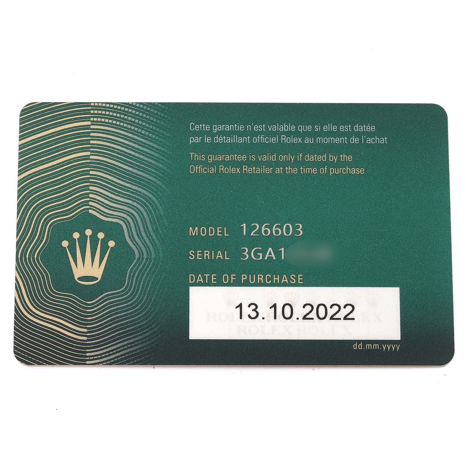 This image shows a Rolex warranty card for the Sea-Dweller model 126603, including the serial number and purchase date.