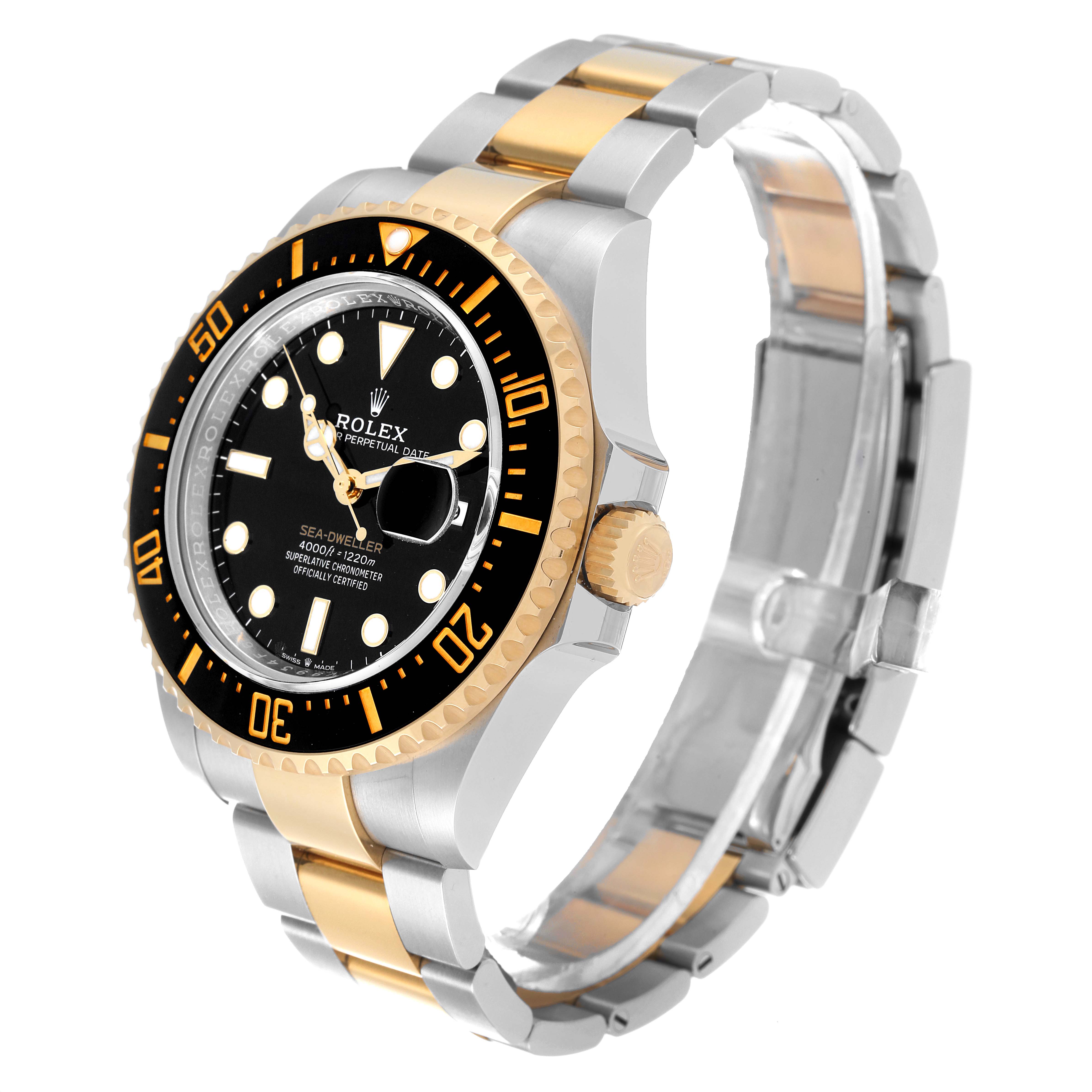 The image shows a Rolex Sea-Dweller 126603 Men's Steel and Gold (two tone) Black Dial 126603 Men's Steel and Gold (two tone) Black Dial watch at a slight angle, displaying its black dial, gold and steel bracelet, and bezel.
