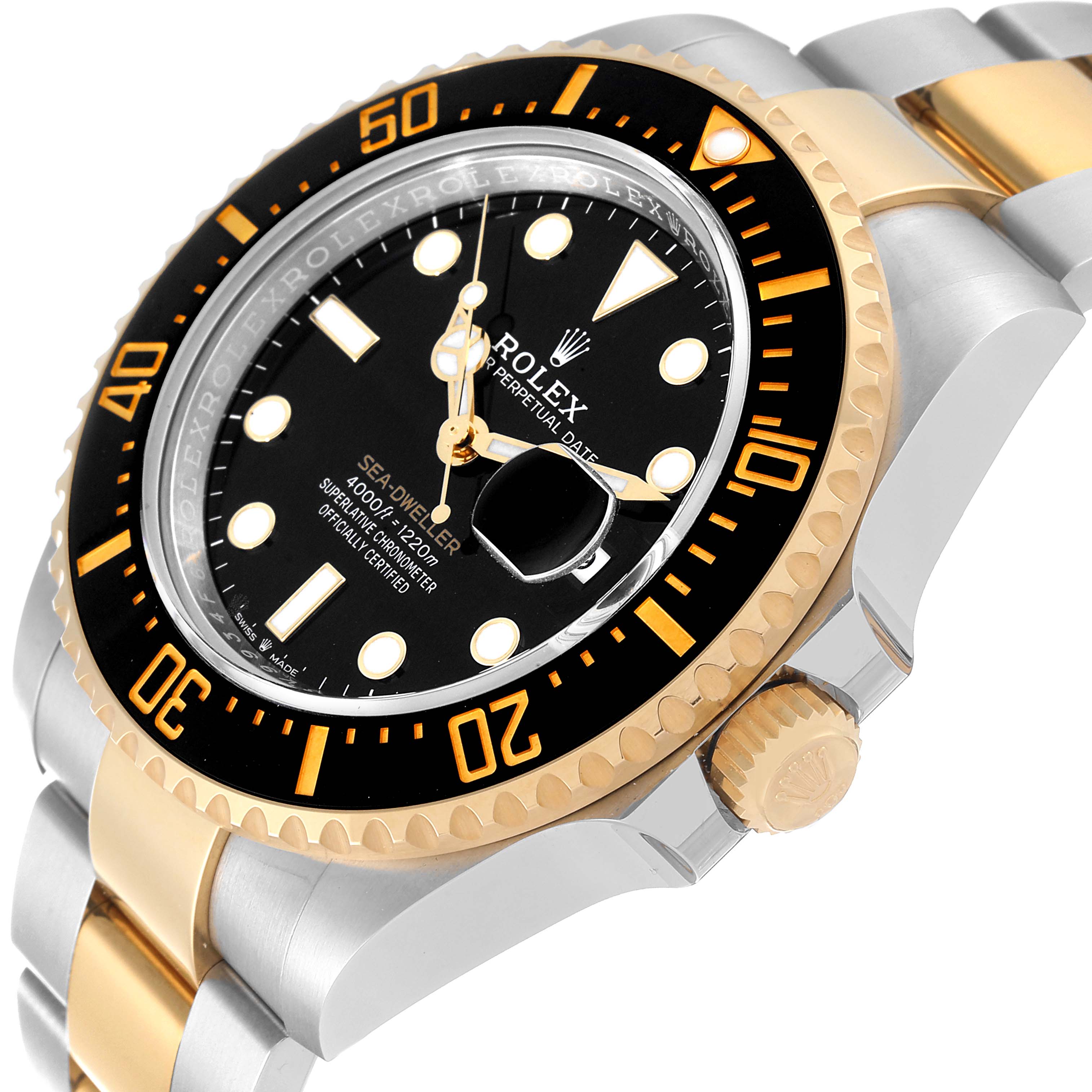 The image shows a close-up angle of a Rolex Sea-Dweller 126603 Men's Steel and Gold (two tone) Black Dial 126603 Men's Steel and Gold (two tone) Black Dial watch, highlighting the bezel, dial, and part of the bracelet.