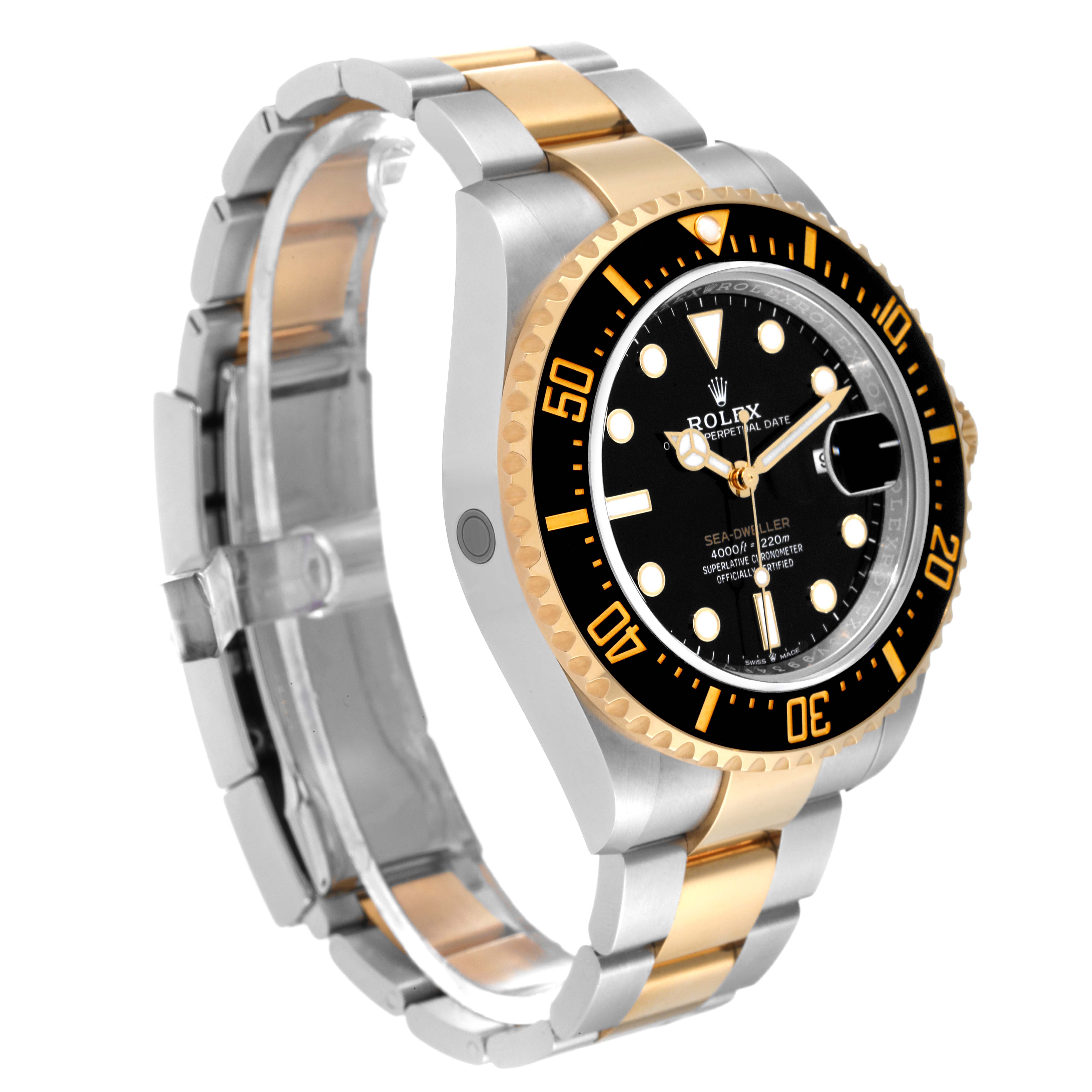 The image shows a Rolex Sea-Dweller 126603 Men's Steel and Gold (two tone) Black Dial 126603 Men's Steel and Gold (two tone) Black Dial watch at an oblique angle, highlighting the bezel, dial, and bimetal bracelet.