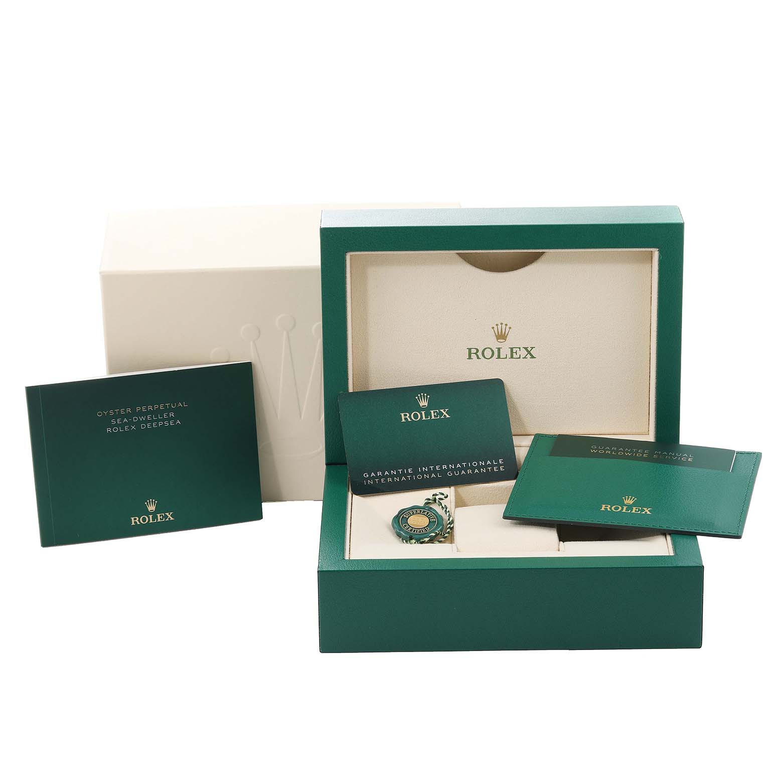 The image shows a Rolex Sea-Dweller 126603 Men's Steel and Gold (two tone) Black Dial 126603 Men's Steel and Gold (two tone) Black Dial packaging set with brochures and an international guarantee card.