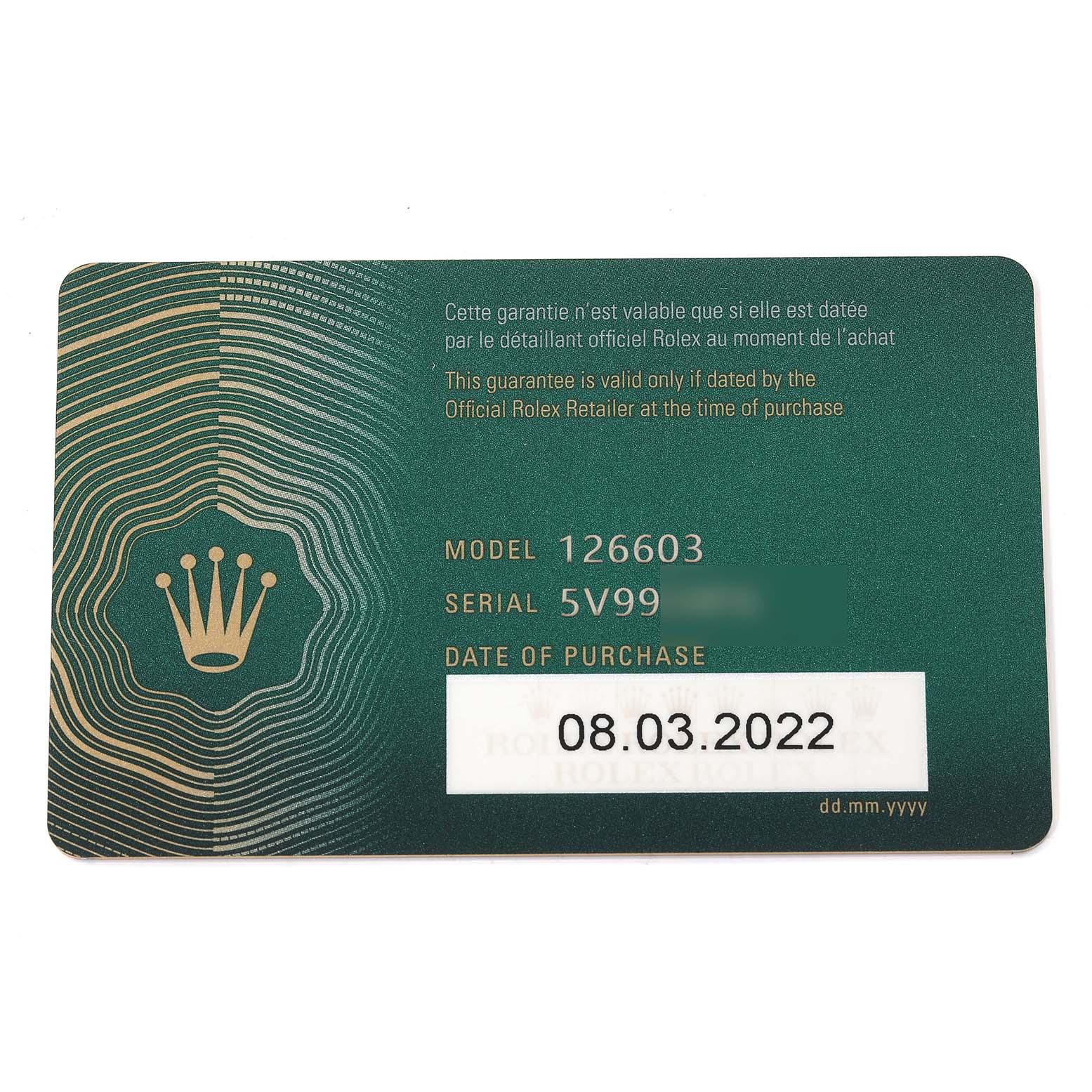 This image shows the warranty card for the Rolex Sea-Dweller 126603 Men's Steel and Gold (two tone) Black Dial 126603 Men's Steel and Gold (two tone) Black Dial model 126603 with date of purchase listed as 08.03.2022.