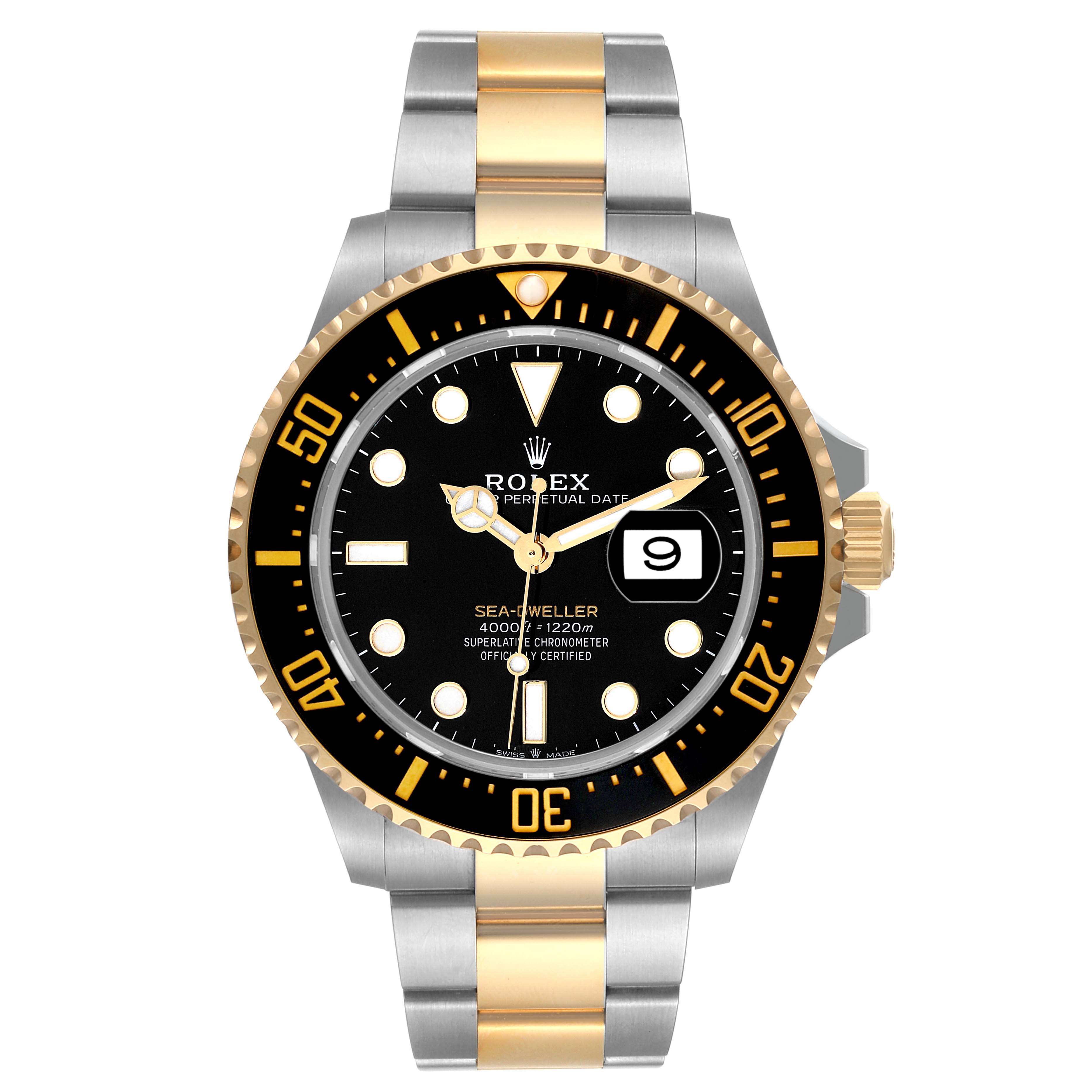 The image shows a front view of a Rolex Sea-Dweller 126603 Men's Steel and Gold (two tone) Black Dial 126603 Men's Steel and Gold (two tone) Black Dial watch, highlighting its black dial, date display, and gold and silver bracelet.
