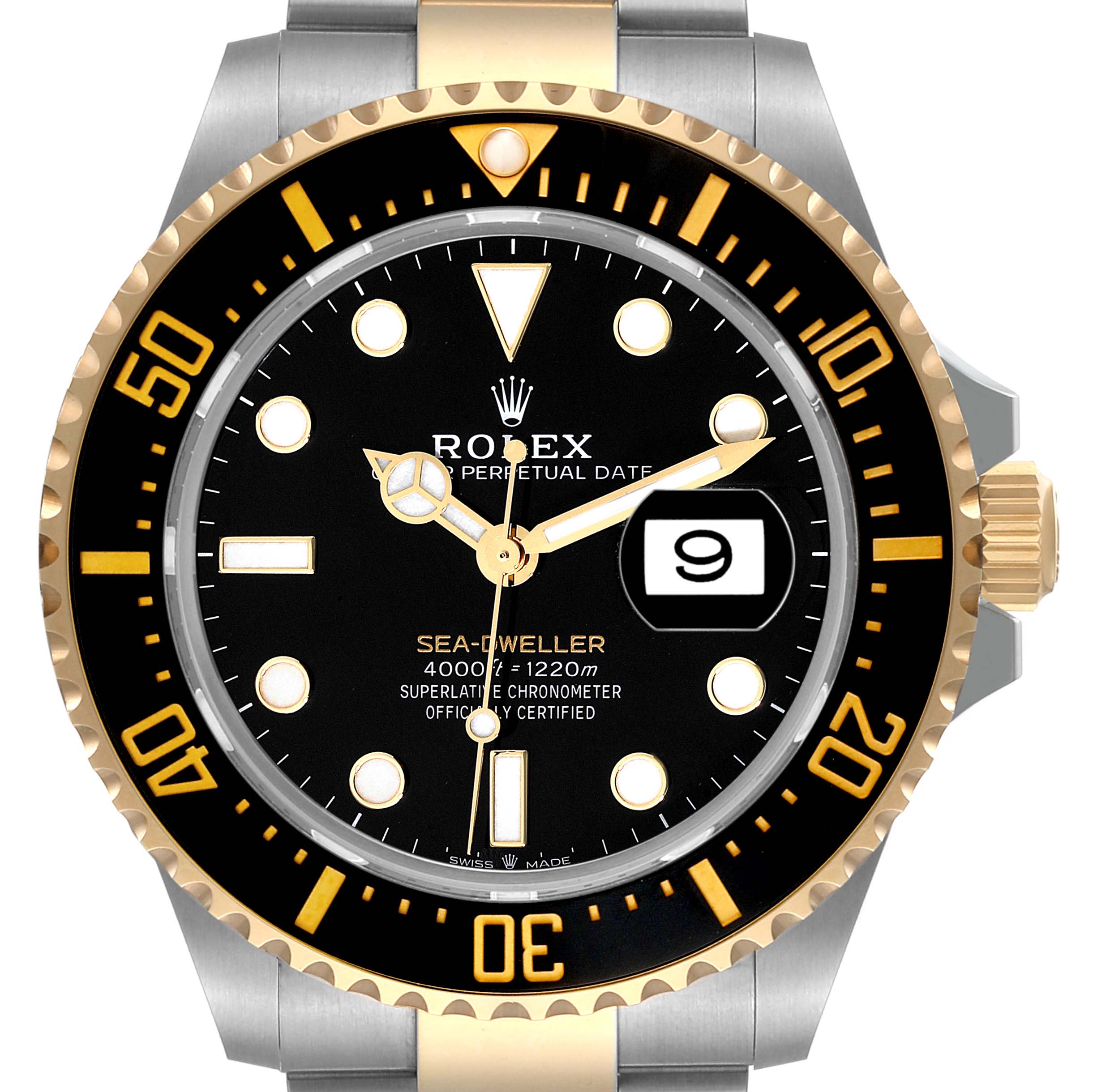 The image shows a front view of the Rolex Sea-Dweller 126603 Men's Steel and Gold (two tone) Black Dial 126603 Men's Steel and Gold (two tone) Black Dial watch, featuring the dial, bezel, hands, and date window.