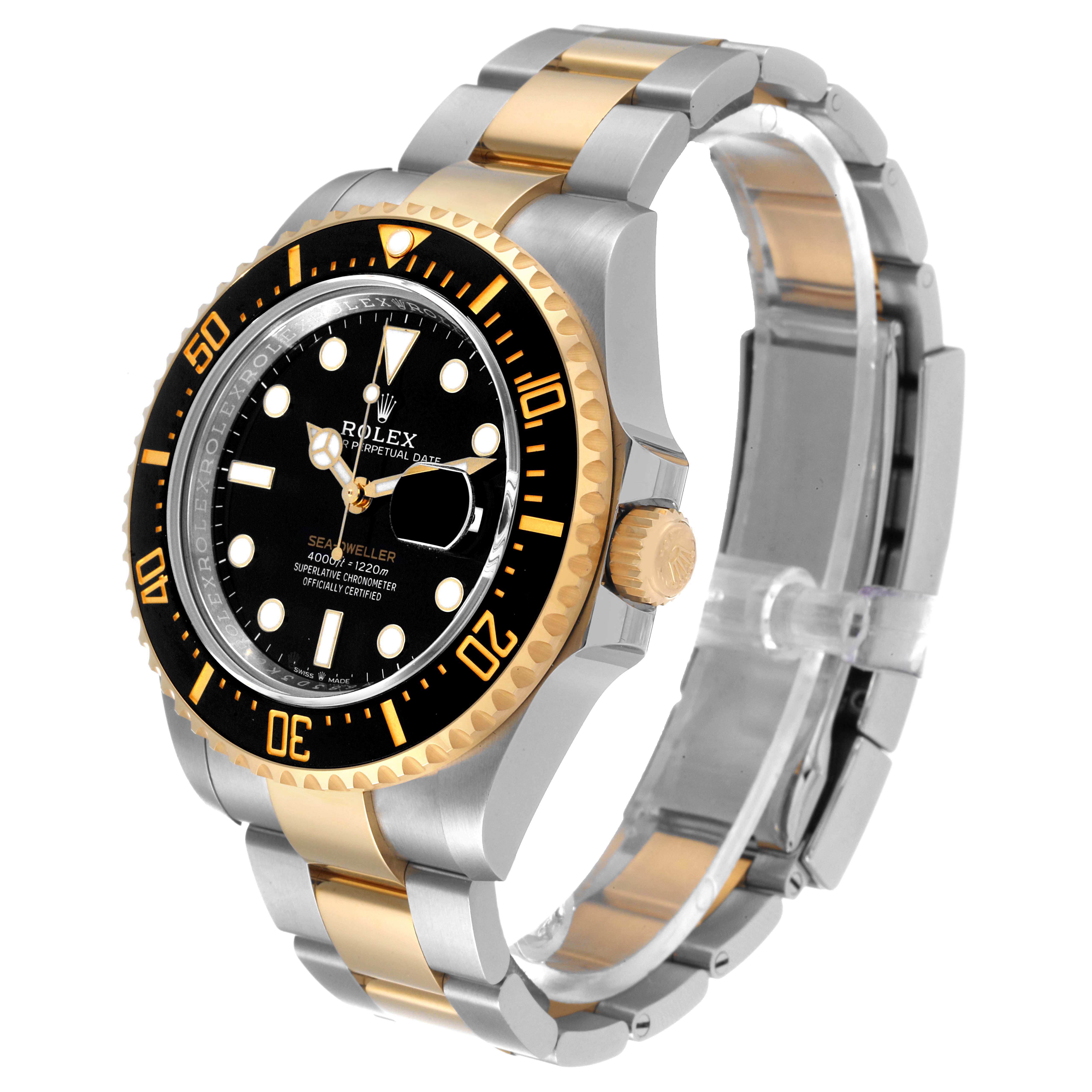 The image shows a Rolex Sea-Dweller 126603 Men's Steel and Gold (two tone) Black Dial 126603 Men's Steel and Gold (two tone) Black Dial watch at a three-quarter angle, displaying the dial, bezel, and two-tone bracelet.