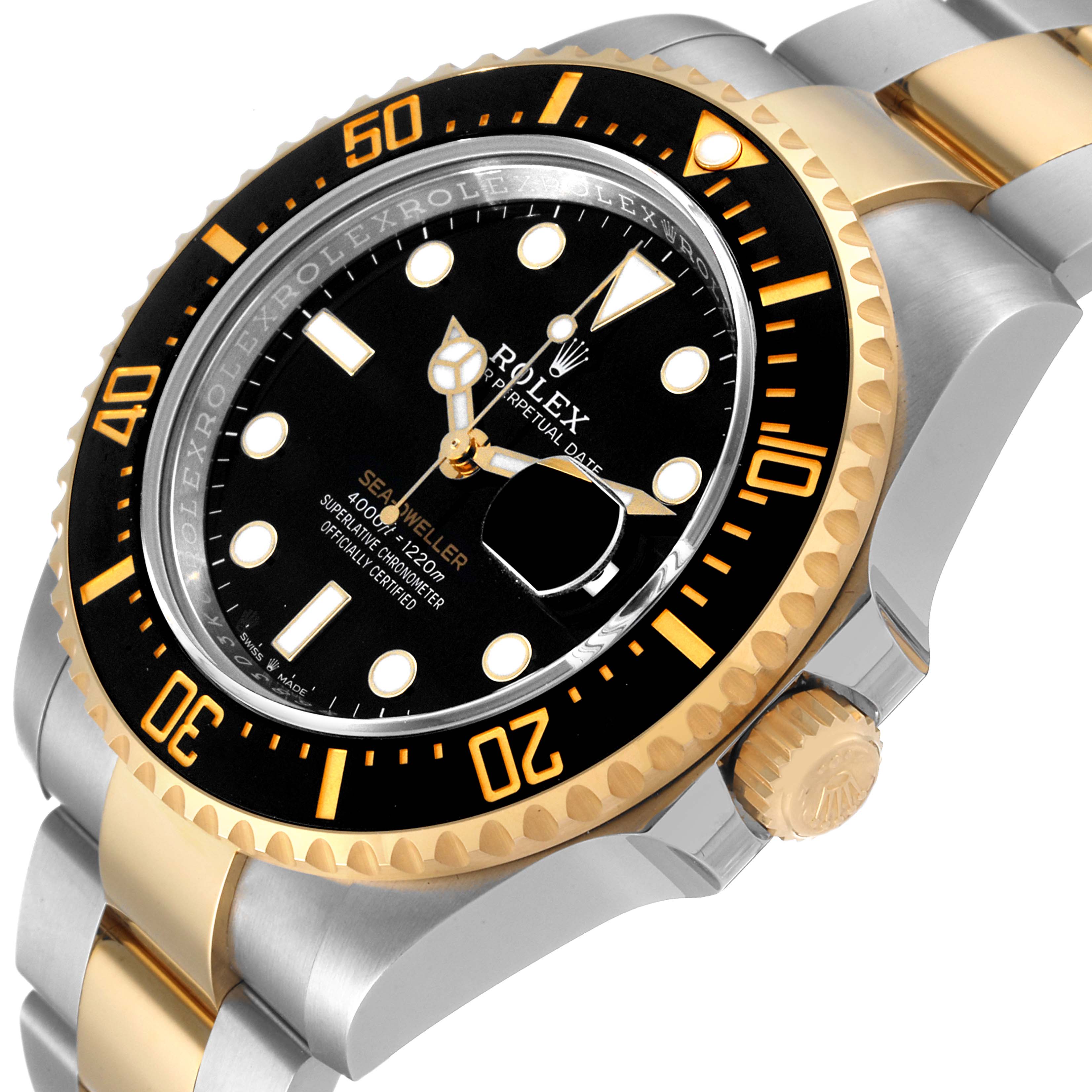 This image shows a close-up angle of a Rolex Sea-Dweller 126603 Men's Steel and Gold (two tone) Black Dial 126603 Men's Steel and Gold (two tone) Black Dial watch, highlighting its bezel, crown, and part of the bracelet.