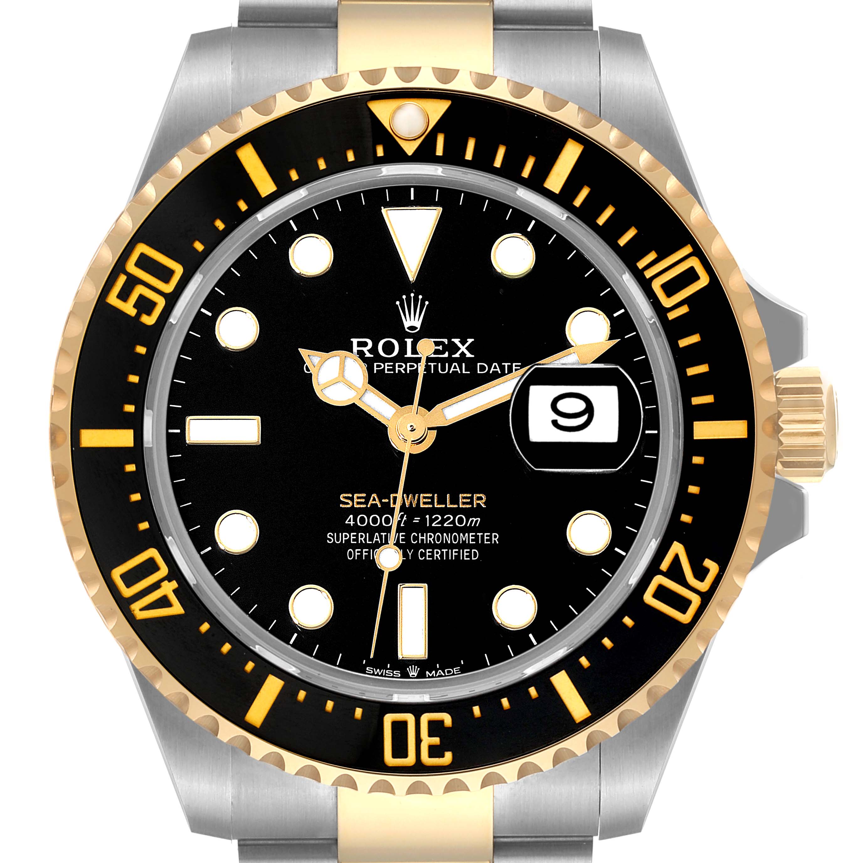 This image shows a front view of a Rolex Sea-Dweller 126603 Men's Steel and Gold (two tone) Black Dial 126603 Men's Steel and Gold (two tone) Black Dial watch, highlighting its bezel, dial, and date window.
