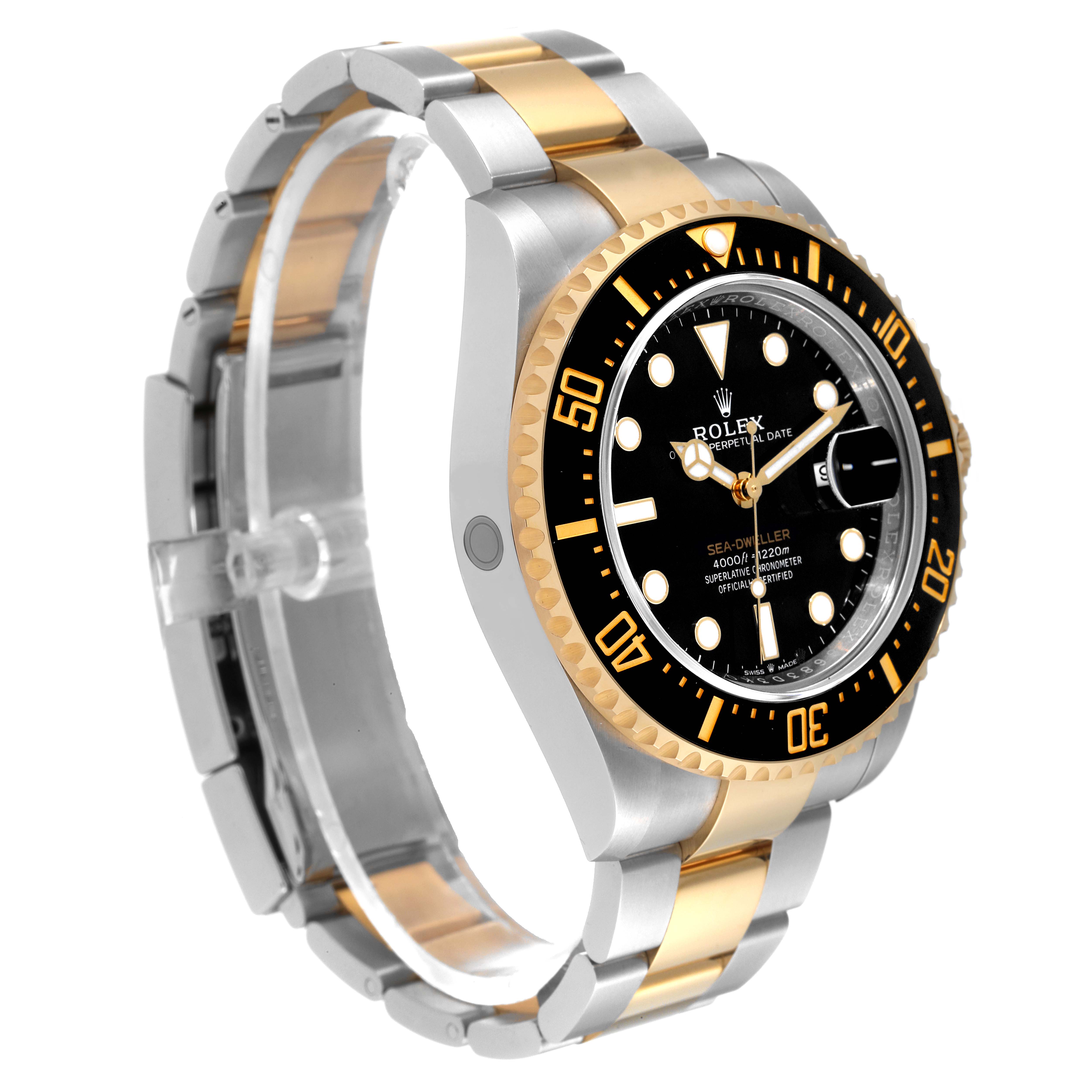 This image shows a Rolex Sea-Dweller 126603 Men's Steel and Gold (two tone) Black Dial 126603 Men's Steel and Gold (two tone) Black Dial watch at a three-quarter angle, highlighting the bezel, dial, and bracelet.